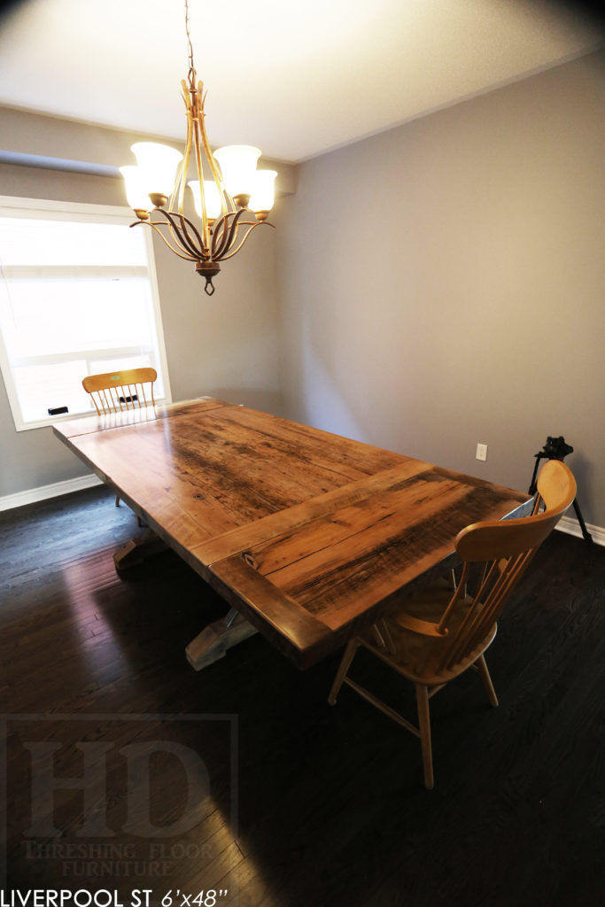 6' Reclaimed Wood Table for Oakville home - 48" wide - Sawbuck Base - Hemlock Threshing Floor Construction - Original edges & distressing maintained - Premium epoxy + satin polyurethane finish - Extra thick 3" Joist Material Top - Greytone Treatment to Maintain Colour of Unfinished - Two 18" Leaf Extensions - www.hdthreshing.com