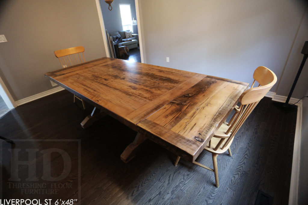 6' Reclaimed Wood Table for Oakville home - 48" wide - Sawbuck Base - Hemlock Threshing Floor Construction - Original edges & distressing maintained - Premium epoxy + satin polyurethane finish - Extra thick 3" Joist Material Top - Greytone Treatment to Maintain Colour of Unfinished - Two 18" Leaf Extensions - www.hdthreshing.com