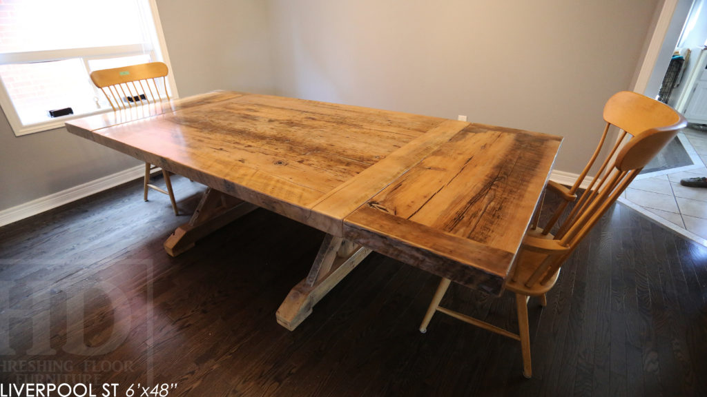 6' Reclaimed Wood Table for Oakville home - 48" wide - Sawbuck Base - Hemlock Threshing Floor Construction - Original edges & distressing maintained - Premium epoxy + satin polyurethane finish - Extra thick 3" Joist Material Top - Greytone Treatment to Maintain Colour of Unfinished - Two 18" Leaf Extensions - www.hdthreshing.com