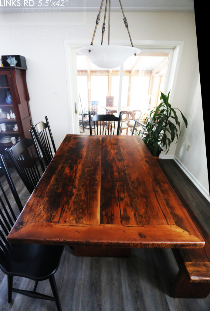 5.5' Reclaimed Wood Table - 42" wide - Hemlock Threshing Floor Construction - Mitred Corners - Original edges + distressing maintained - One 18" Leaf Extension - 5.5' [matching] Plank Base Bench - Premium epoxy + matte polyurethane finish - 4 Buckhorn Chairs / Solid Black / Polyurethane clearcoat finish - www.hdthreshing.com
