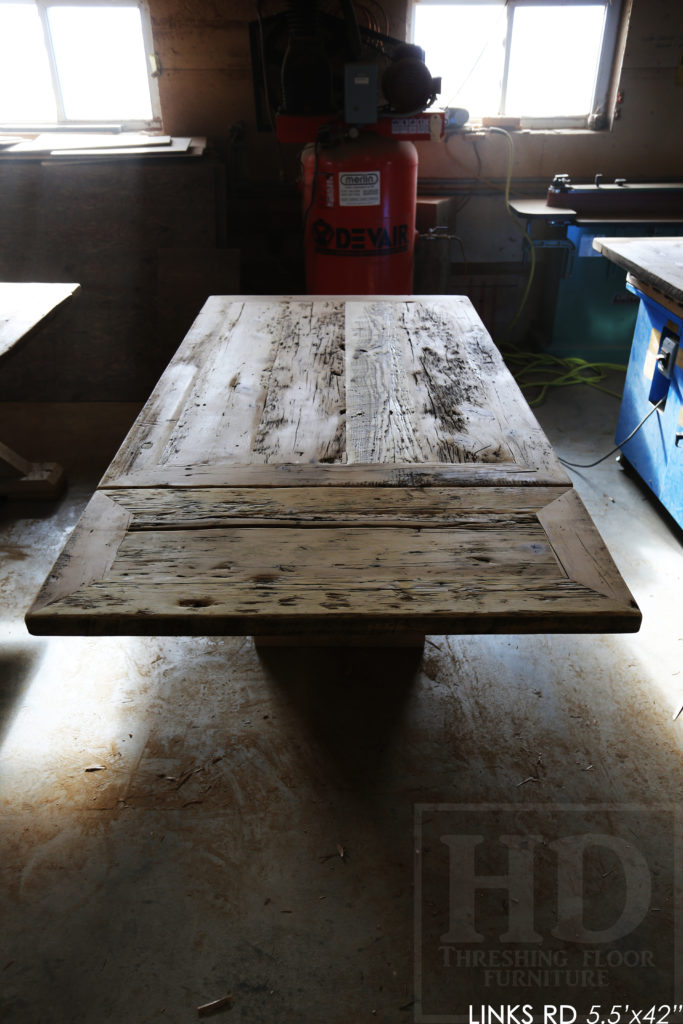 5.5' Reclaimed Wood Table - 42" wide - Hemlock Threshing Floor Construction - Mitred Corners - Original edges + distressing maintained - One 18" Leaf Extension - 5.5' [matching] Plank Base Bench - Premium epoxy + matte polyurethane finish - 4 Buckhorn Chairs / Solid Black / Polyurethane clearcoat finish - www.hdthreshing.com 