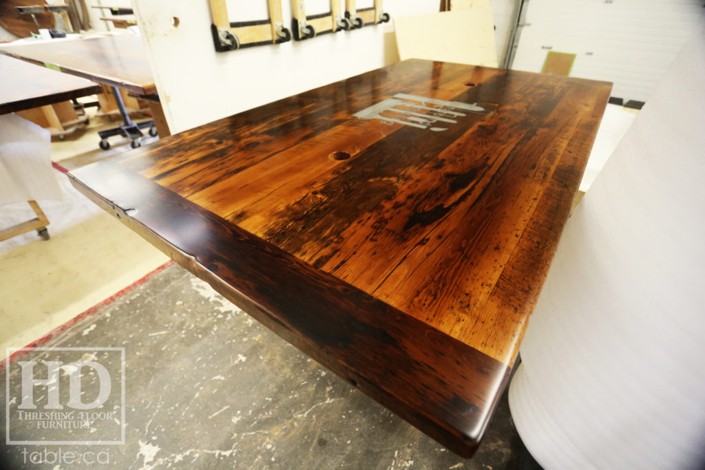 Reclaimed Wood Boardroom Table with Custom Steel Logo Embedded by HD Threshing Floor Furniture / www.table.ca