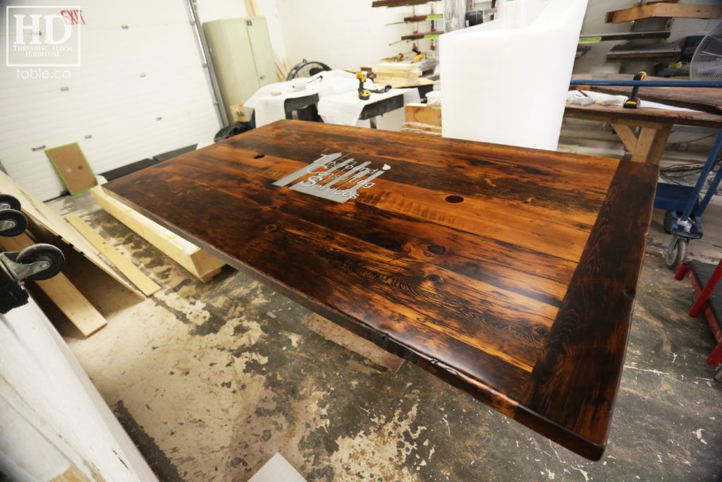 Reclaimed Wood Boardroom Table with Custom Steel Logo Embedded by HD Threshing Floor Furniture / www.table.ca