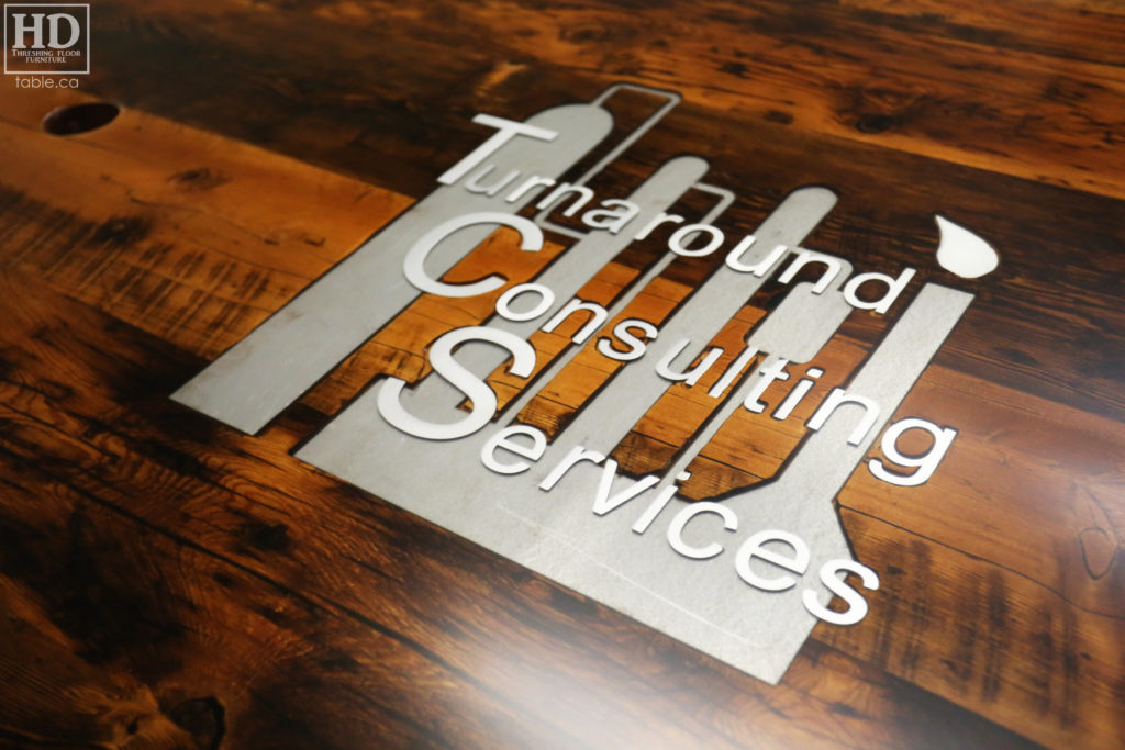 Reclaimed Wood Boardroom Table with Custom Steel Logo Embedded by HD Threshing Floor Furniture / www.table.ca