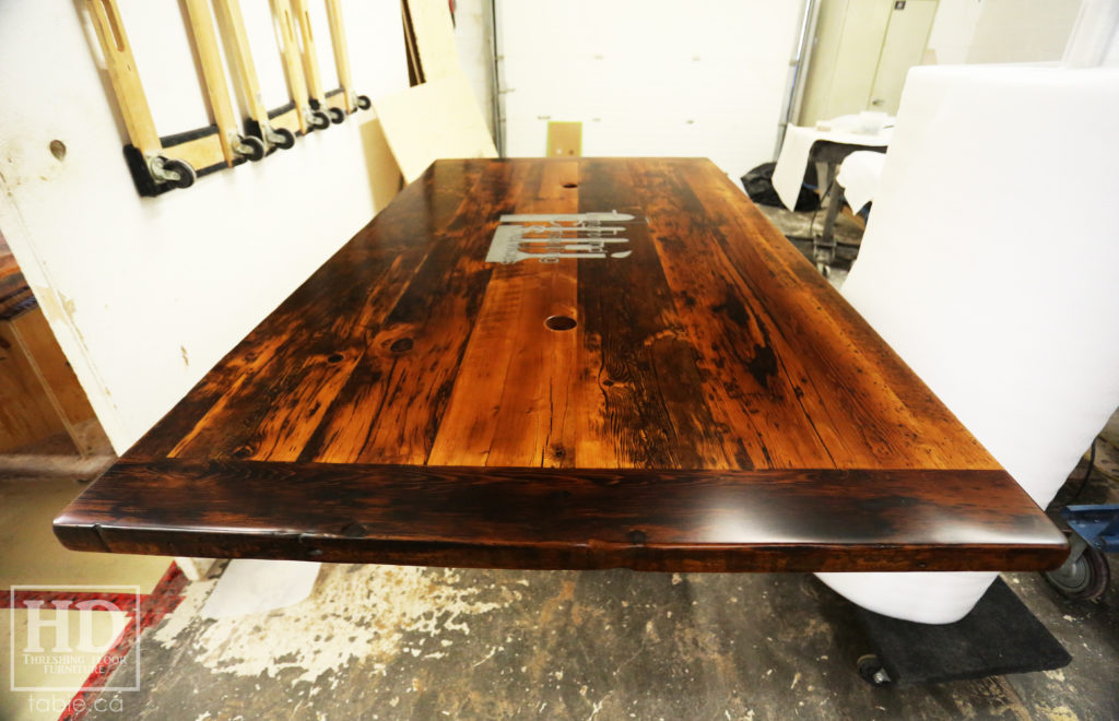 Reclaimed Wood Boardroom Table with Custom Steel Logo Embedded by HD Threshing Floor Furniture / www.table.ca