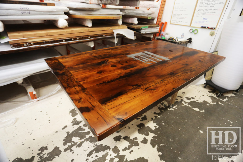Reclaimed Wood Boardroom Table with Custom Steel Logo Embedded by HD Threshing Floor Furniture / www.table.ca
