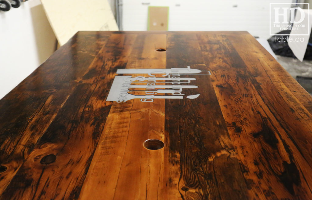 Reclaimed Wood Boardroom Table with Custom Steel Logo Embedded by HD Threshing Floor Furniture / www.table.ca