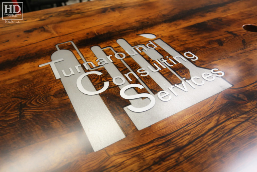 Reclaimed Wood Boardroom Table with Custom Steel Logo Embedded by HD Threshing Floor Furniture / www.table.ca