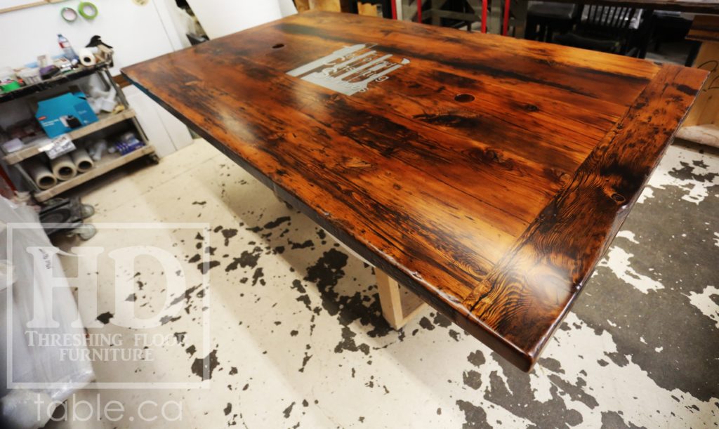 Reclaimed Wood Boardroom Table with Custom Steel Logo Embedded by HD Threshing Floor Furniture / www.table.ca