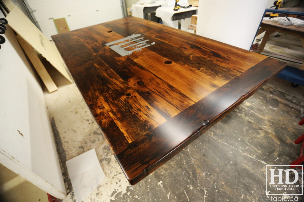 Reclaimed Wood Boardroom Table with Custom Steel Logo Embedded by HD Threshing Floor Furniture / www.table.ca