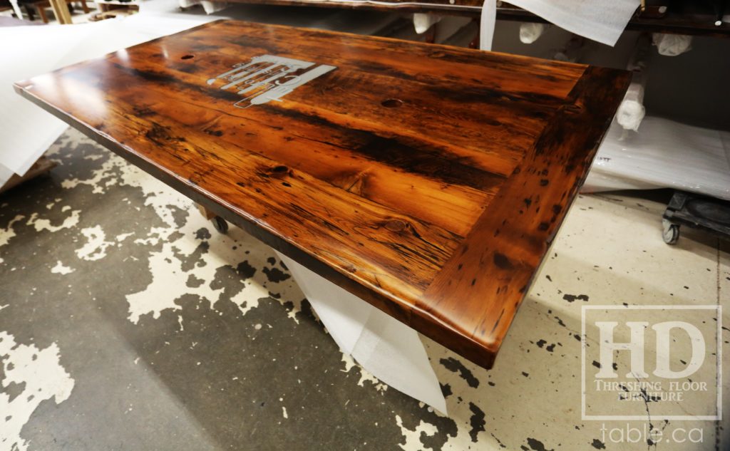 Reclaimed Wood Boardroom Table with Custom Steel Logo Embedded by HD Threshing Floor Furniture / www.table.ca