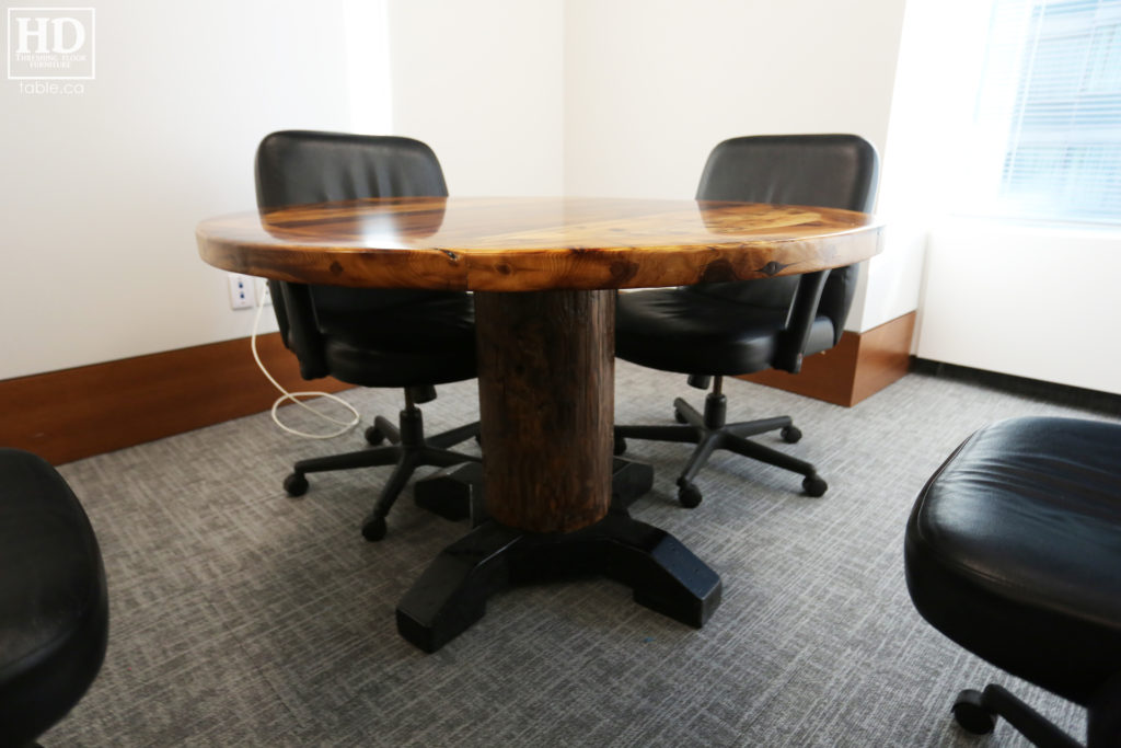 Round Boardroom Table made from Salvaged Canadian Barnwood by HD Threshing Floor Furniture / www.table.ca