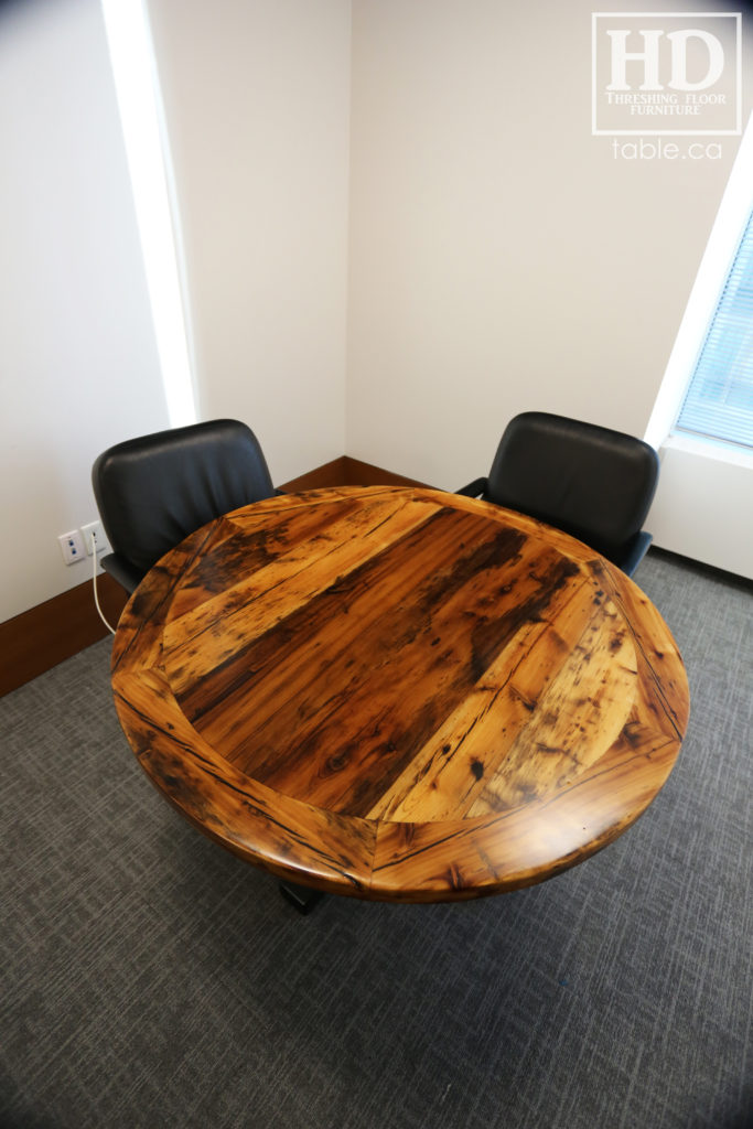 Round Boardroom Table made from Salvaged Canadian Barnwood by HD Threshing Floor Furniture / www.table.ca