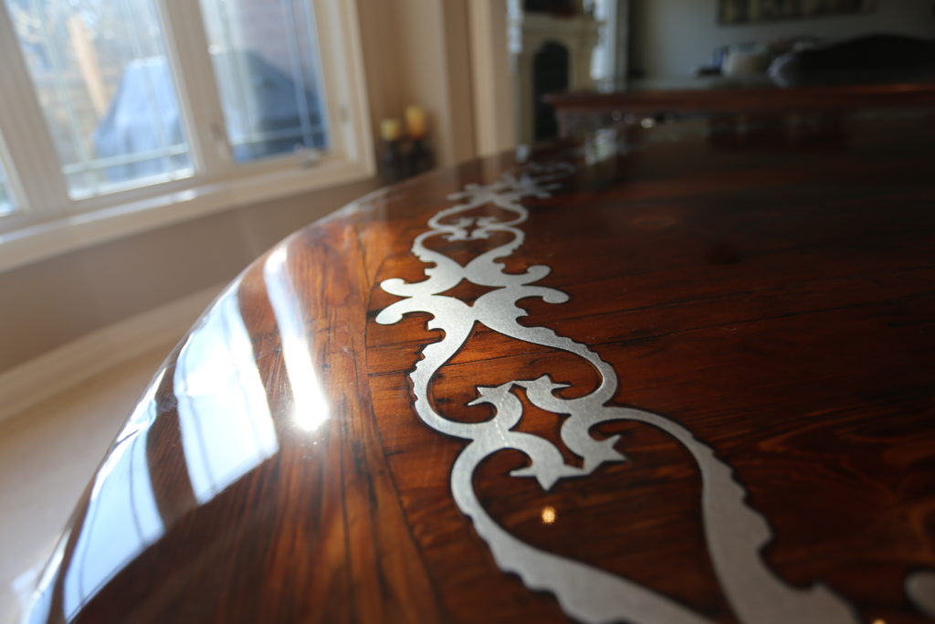 Unique Round Table with Metal Inlay made from Ontario Reclaimed Wood by HD Threshing Floor Furniture / www.table.ca