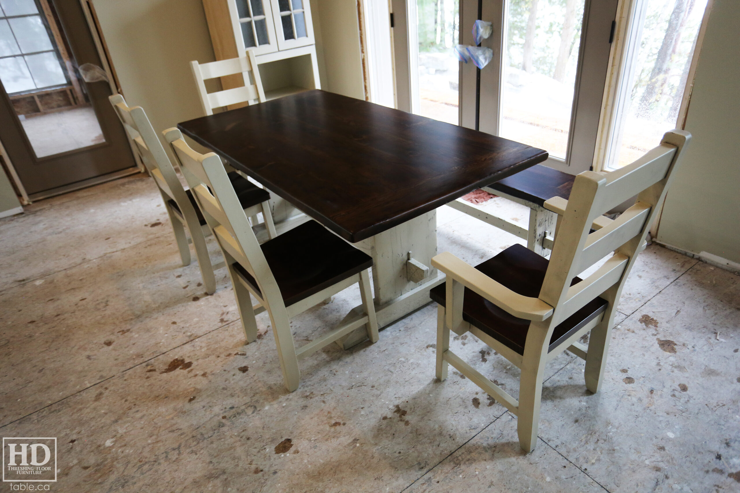 Reclaimed Wood Table & Bench with Black Stain Treatment Option & Custom Finished Base & Ladder Back Chairs by HD Threshing Floor Furniture / www.table.ca