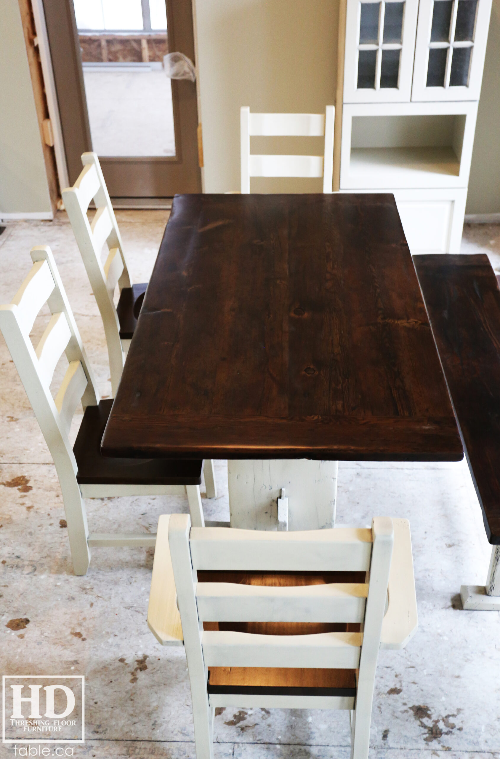 Reclaimed Wood Table & Bench with Black Stain Treatment Option & Custom Finished Base & Ladder Back Chairs by HD Threshing Floor Furniture / www.table.ca