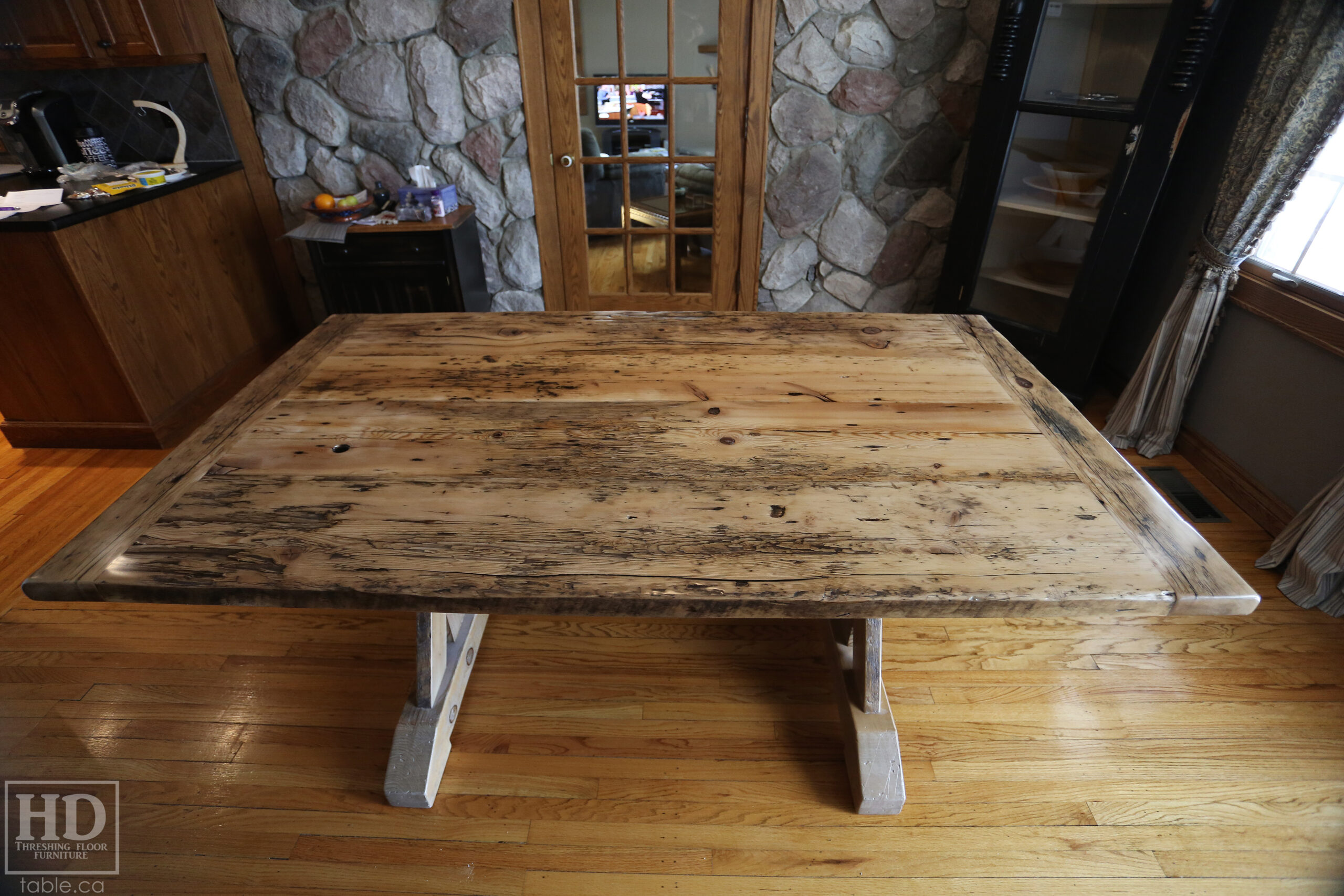 Grey Reclaimed Wood Table with Sawbuck Base by HD Threshing Floor Furniture / www.table.ca