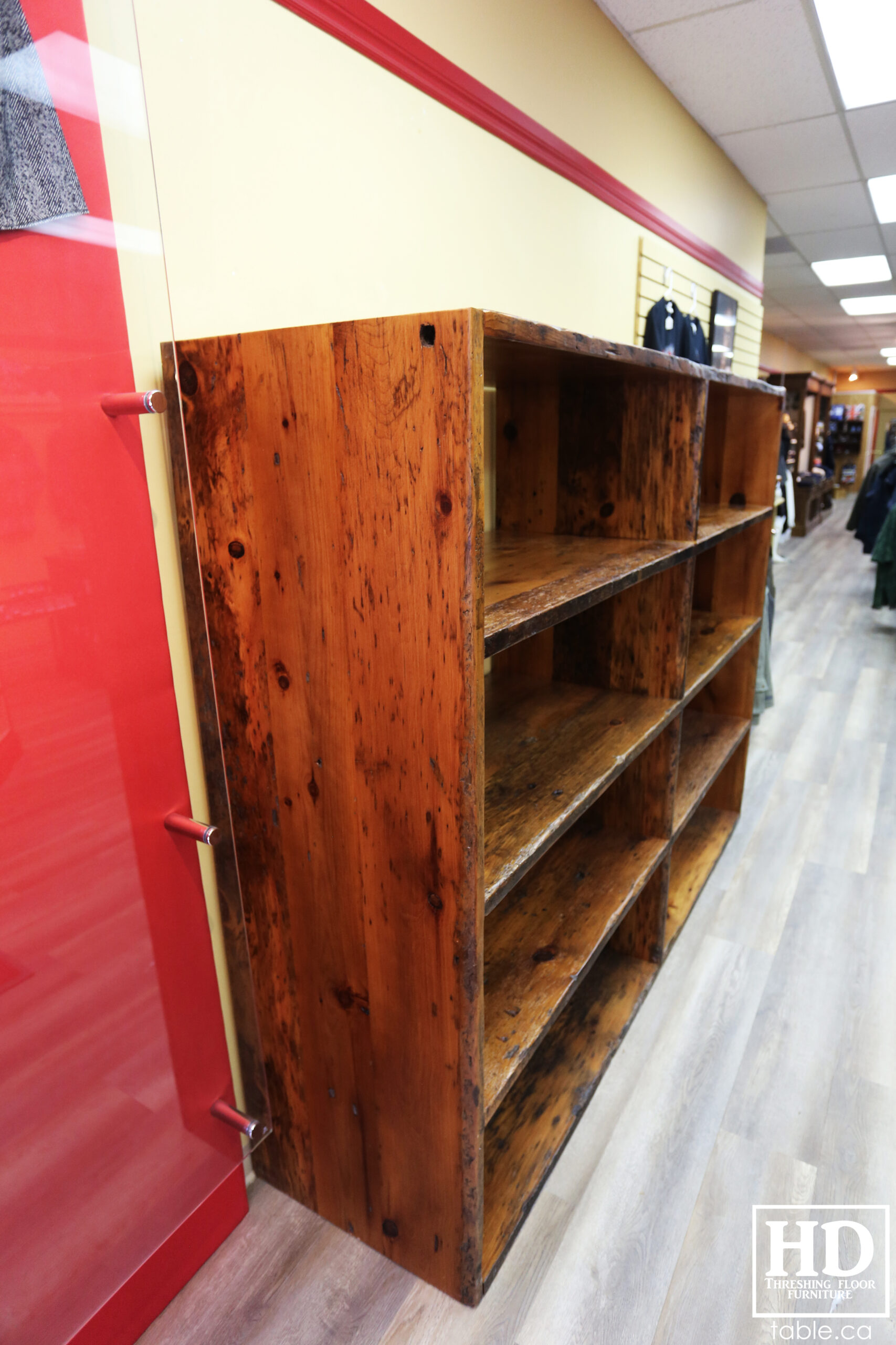 Reclaimed Wood Shelving Unit for a Retail Store made from Ontario Barnwood by HD Threshing Floor Furniture / www.table.ca