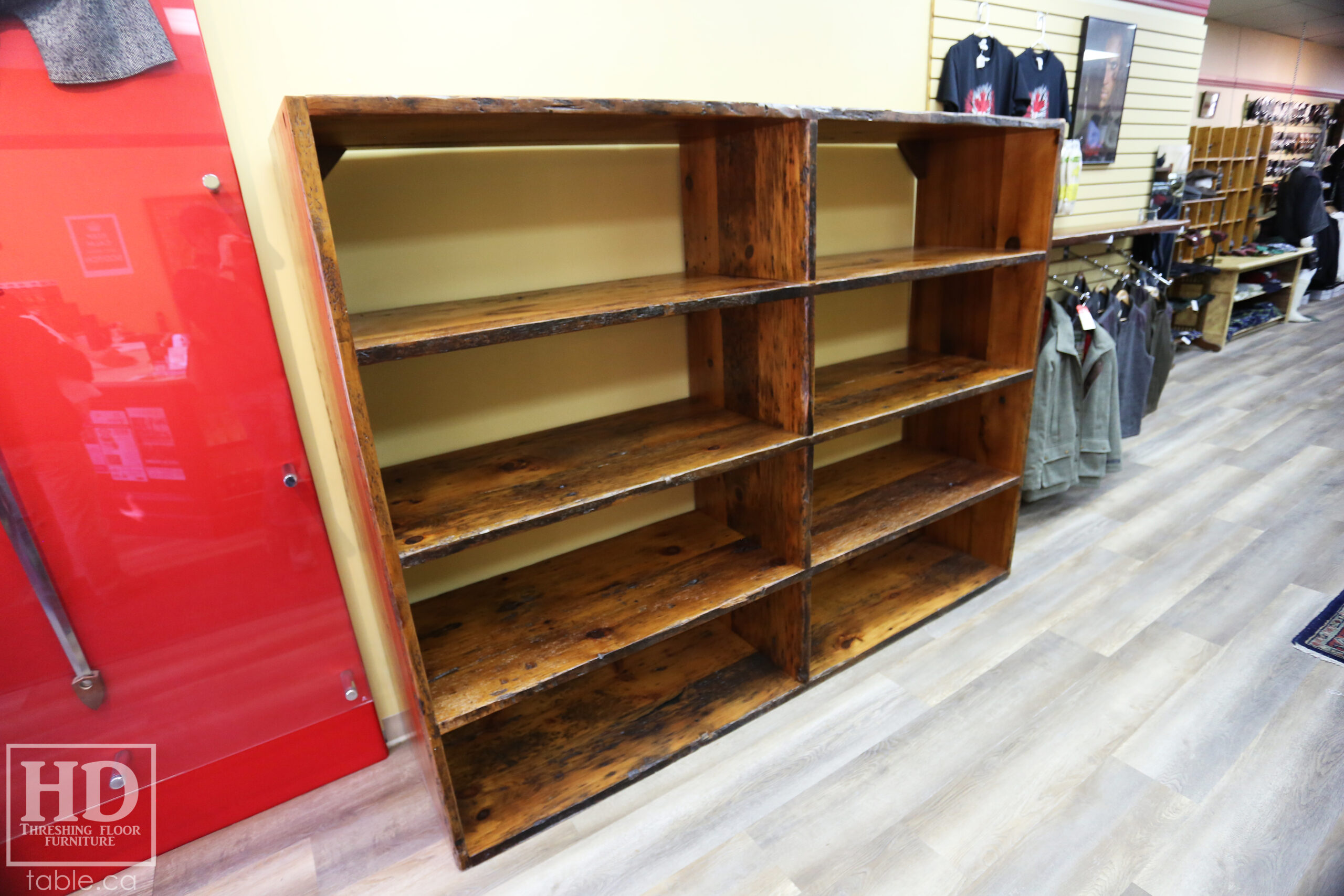 Reclaimed Wood Shelving Unit for a Retail Store made from Ontario Barnwood by HD Threshing Floor Furniture / www.table.ca