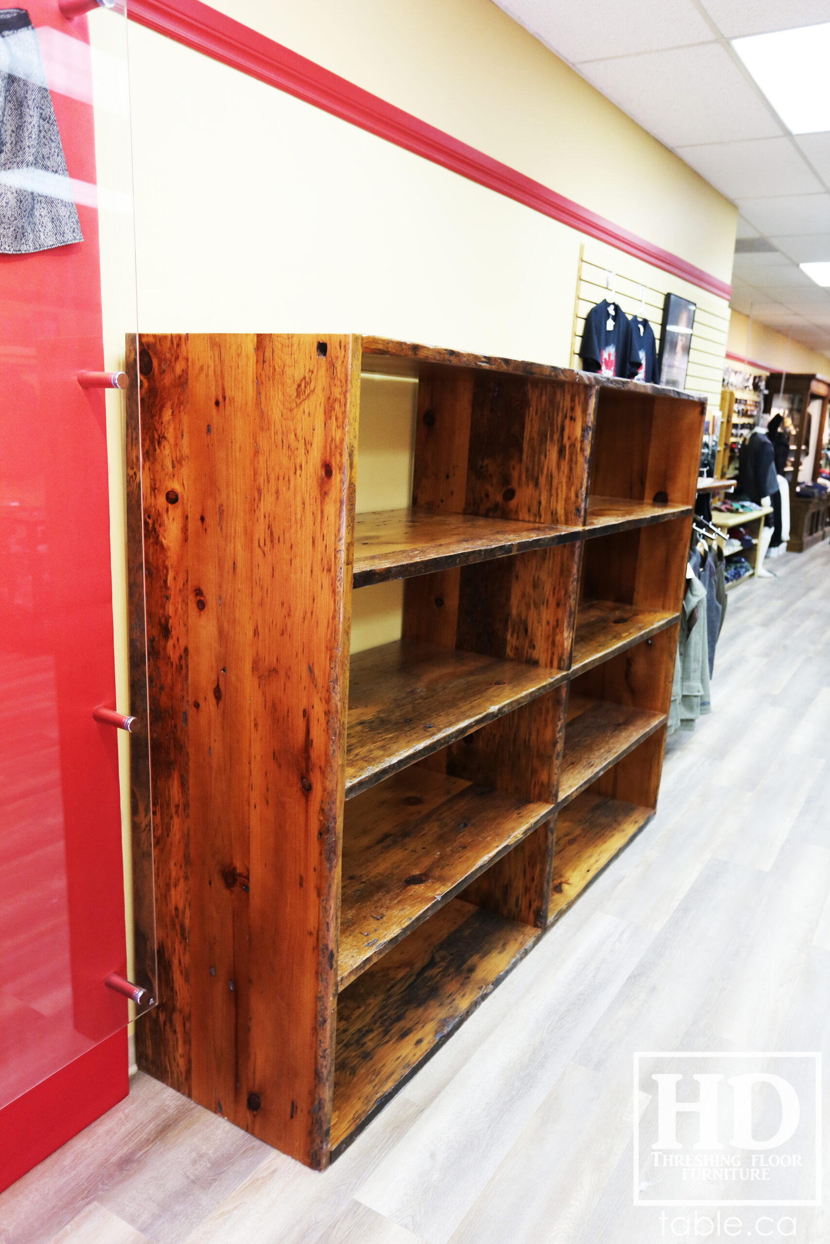 Reclaimed Wood Shelving Unit for a Retail Store made from Ontario Barnwood by HD Threshing Floor Furniture / www.table.ca