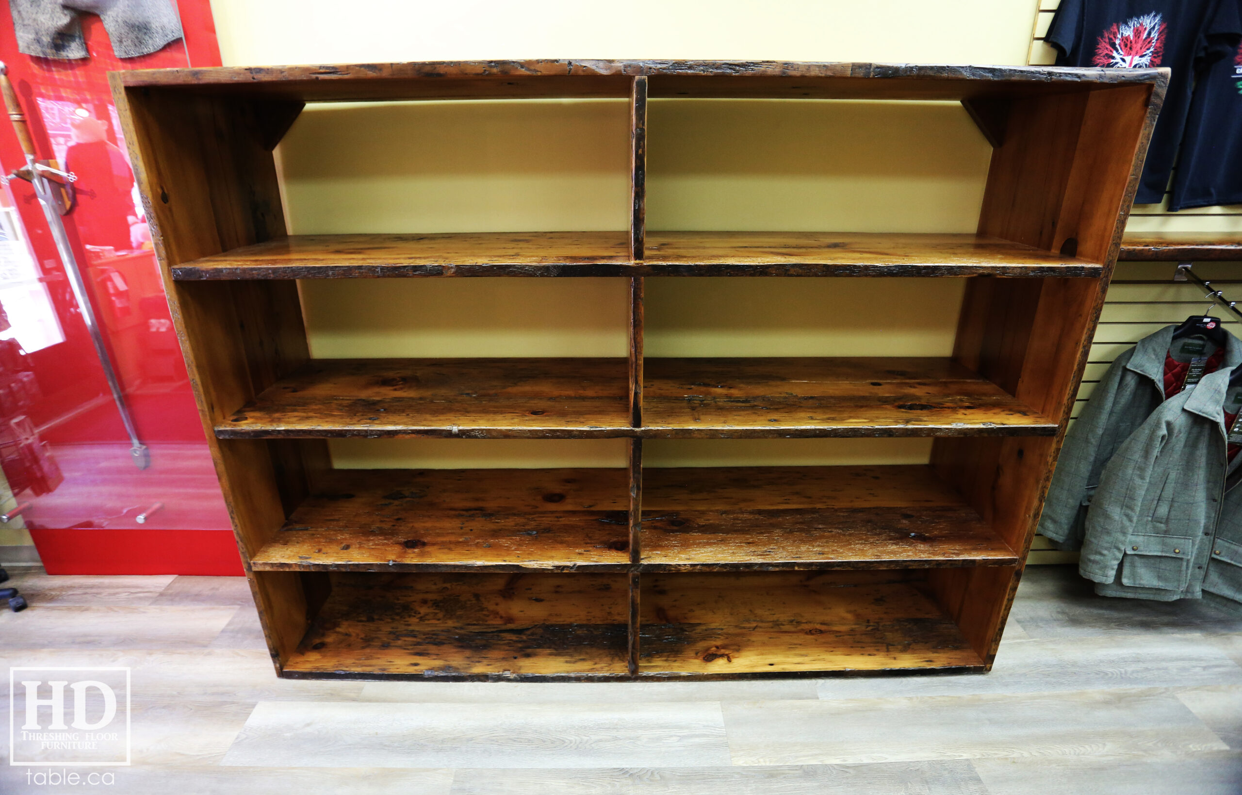 Reclaimed Wood Shelving Unit for a Retail Store made from Ontario Barnwood by HD Threshing Floor Furniture / www.table.ca