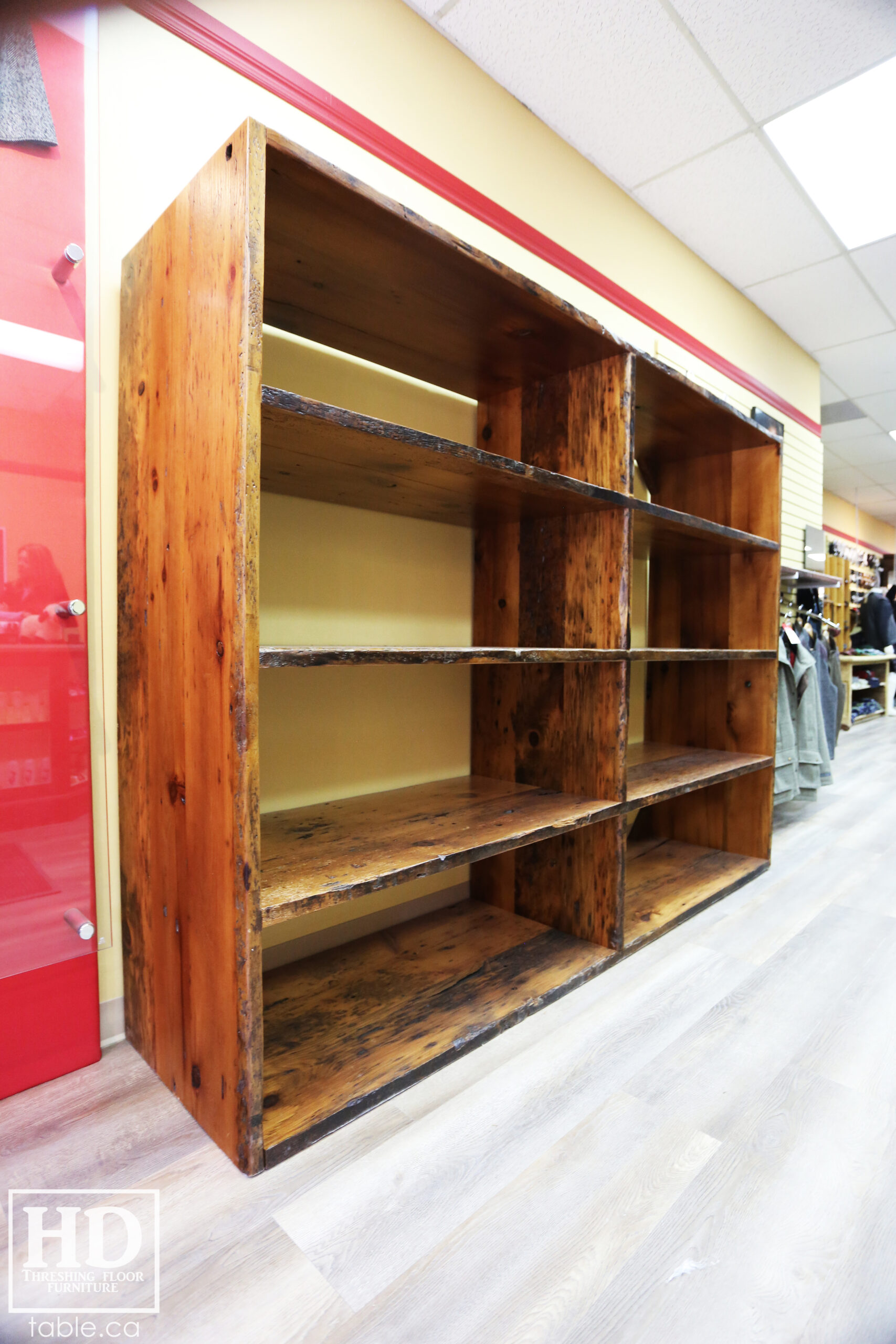 Reclaimed Wood Shelving Unit for a Retail Store made from Ontario Barnwood by HD Threshing Floor Furniture / www.table.ca