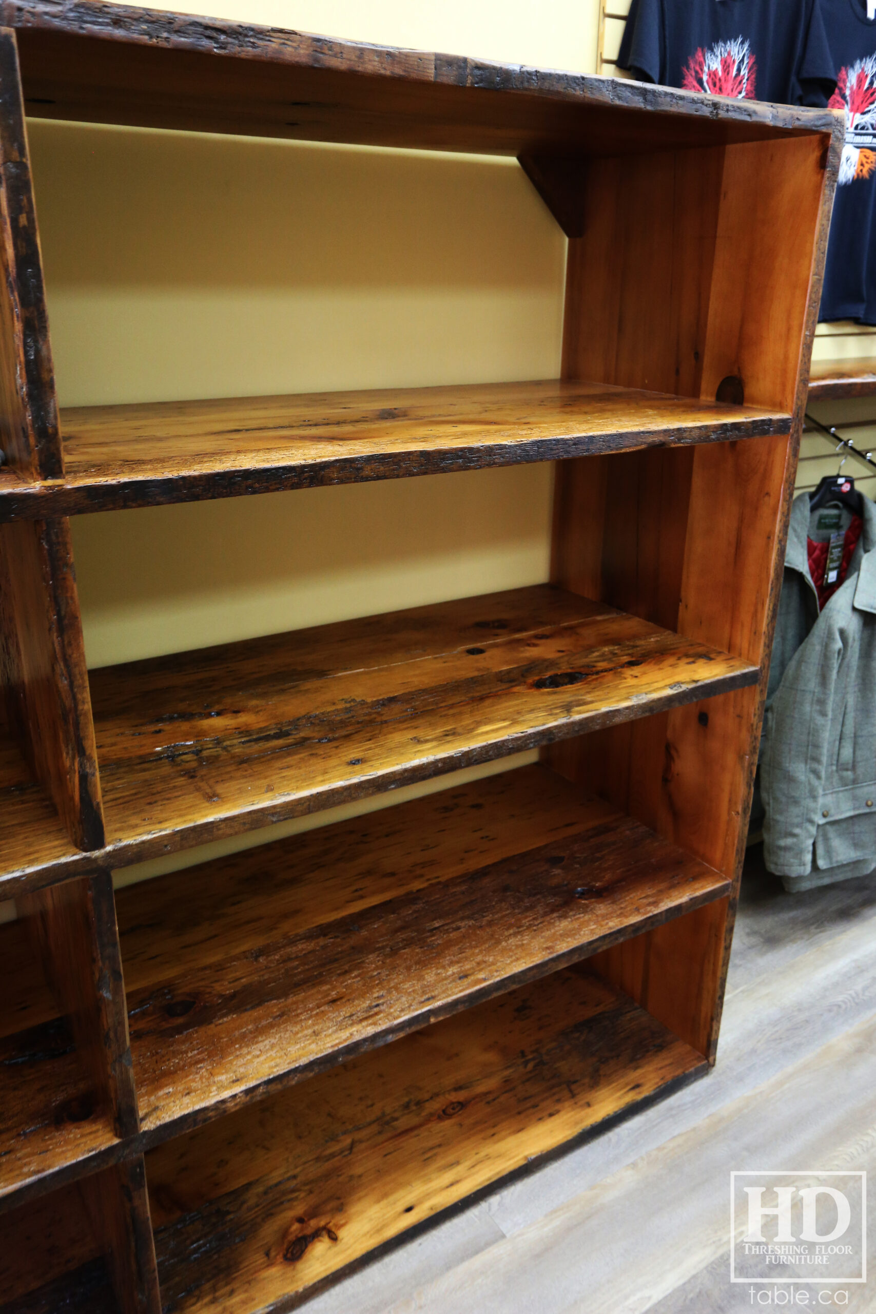 Reclaimed Wood Shelving Unit for a Retail Store made from Ontario Barnwood by HD Threshing Floor Furniture / www.table.ca