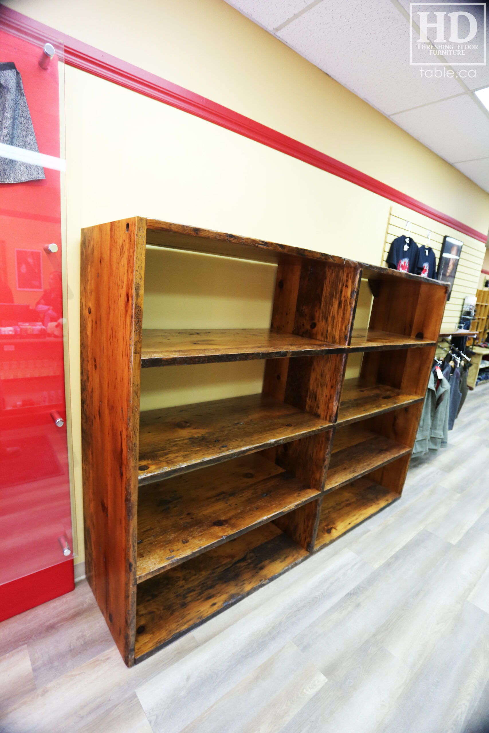 Reclaimed Wood Shelving Unit for a Retail Store made from Ontario Barnwood by HD Threshing Floor Furniture / www.table.ca