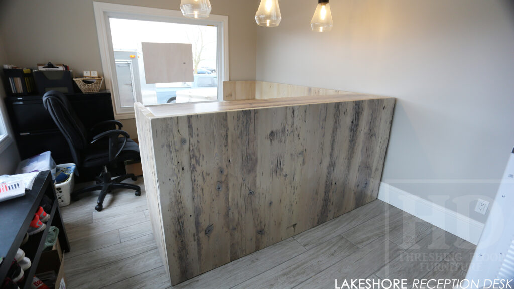 Reclaimed Wood Desk made from Ontario Barnwood with Bleached Greytone Treatment Option for an Ottawa Business / www.table.ca