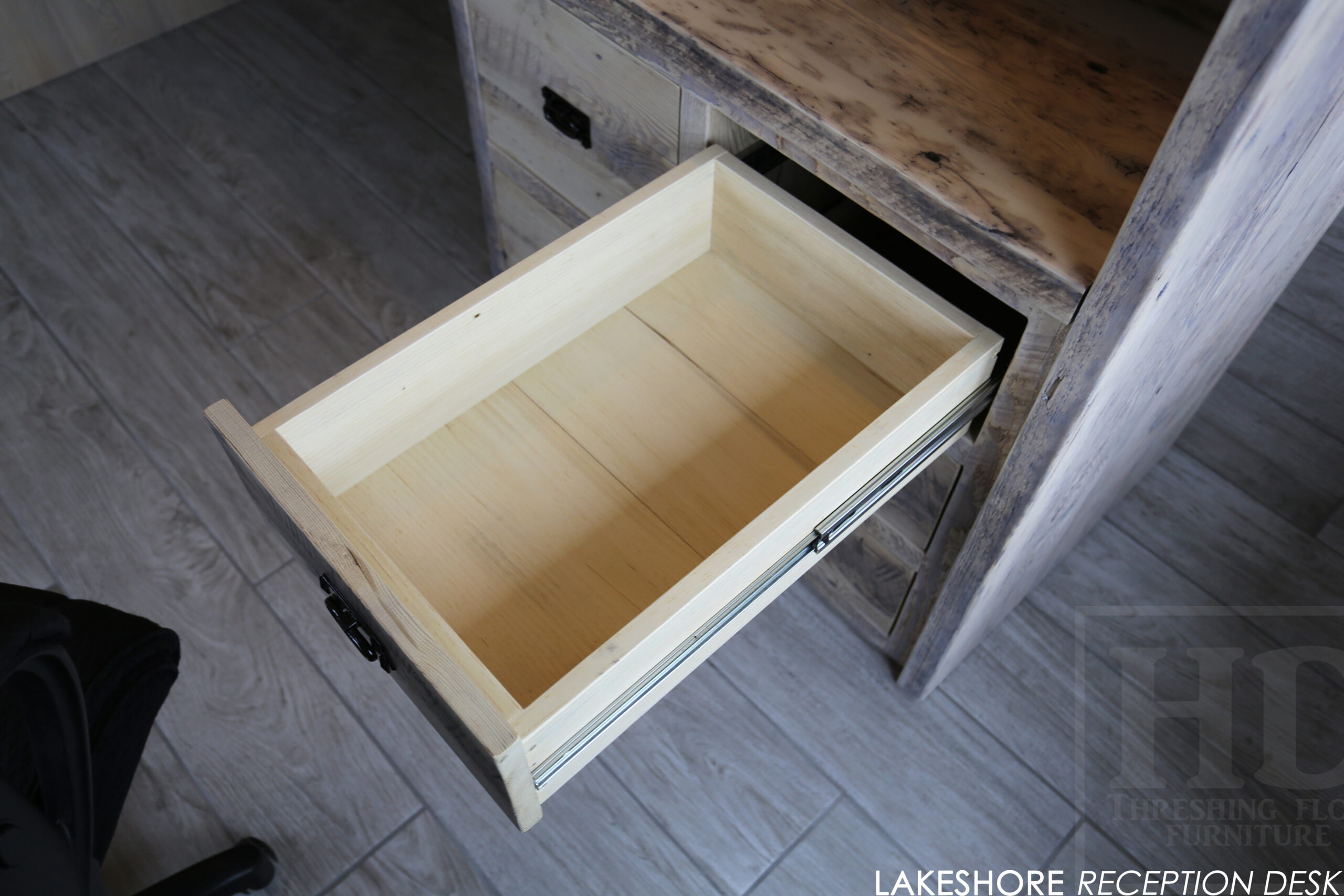 Reclaimed Wood Desk made from Ontario Barnwood with Bleached Greytone Treatment Option for an Ottawa Business / www.table.ca