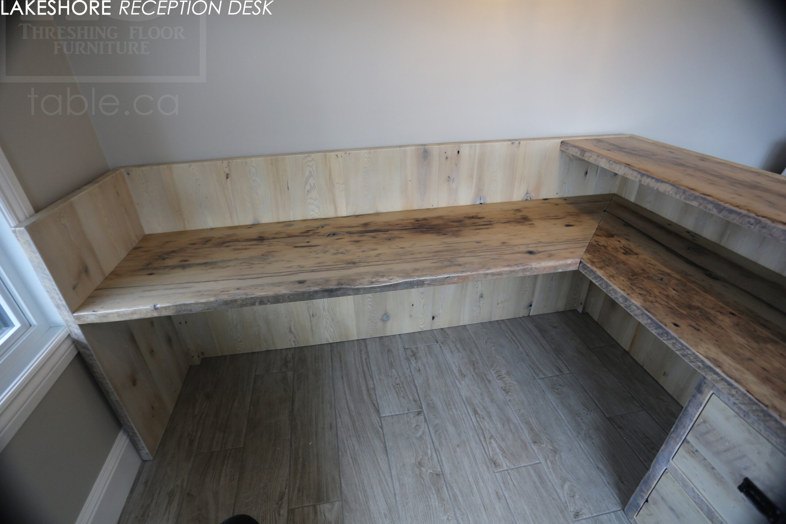 Reclaimed Wood Desk made from Ontario Barnwood with Bleached Greytone Treatment Option for an Ottawa Business / www.table.ca