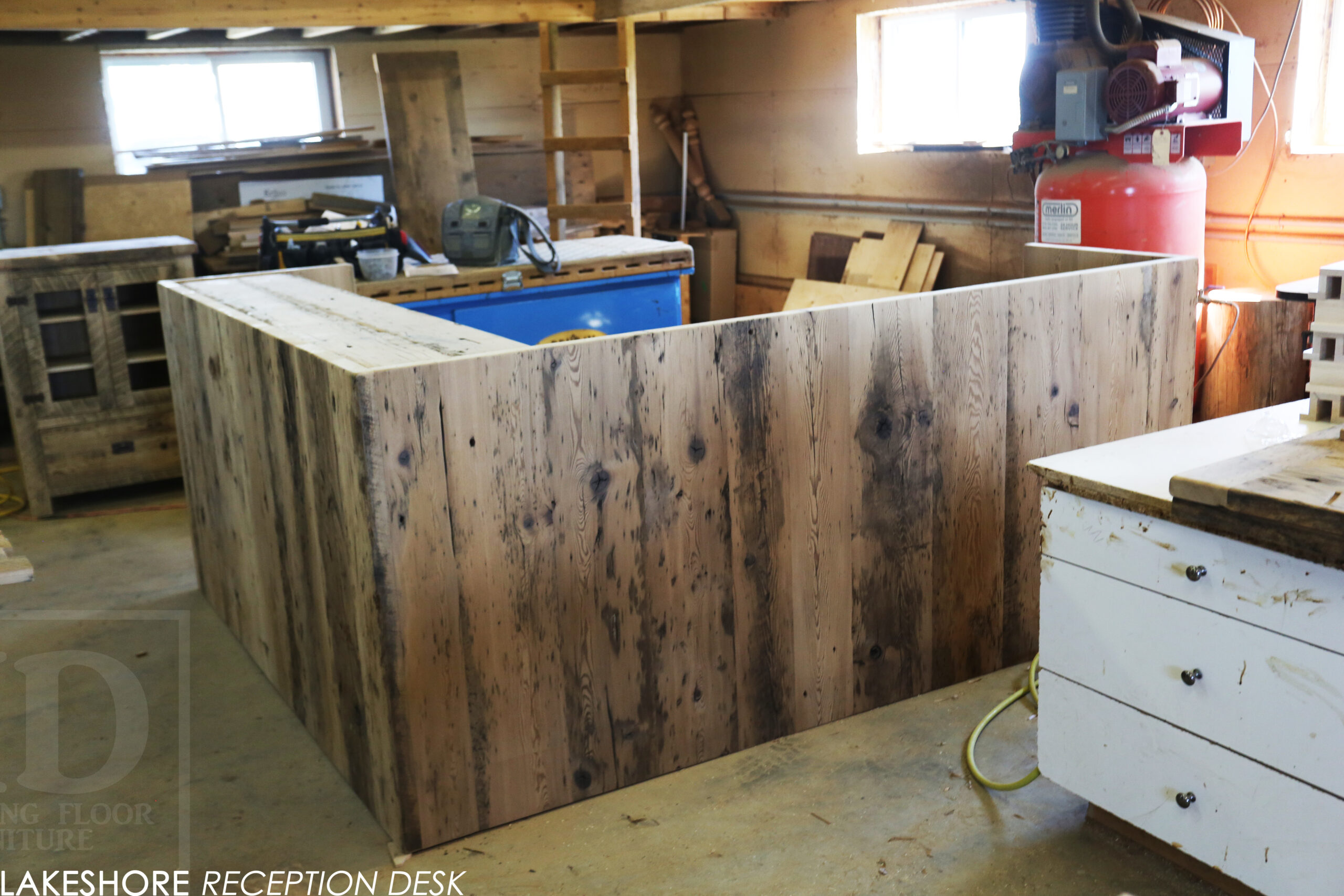 Reclaimed Wood Desk made from Ontario Barnwood with Bleached Greytone Treatment Option for an Ottawa Business / www.table.ca