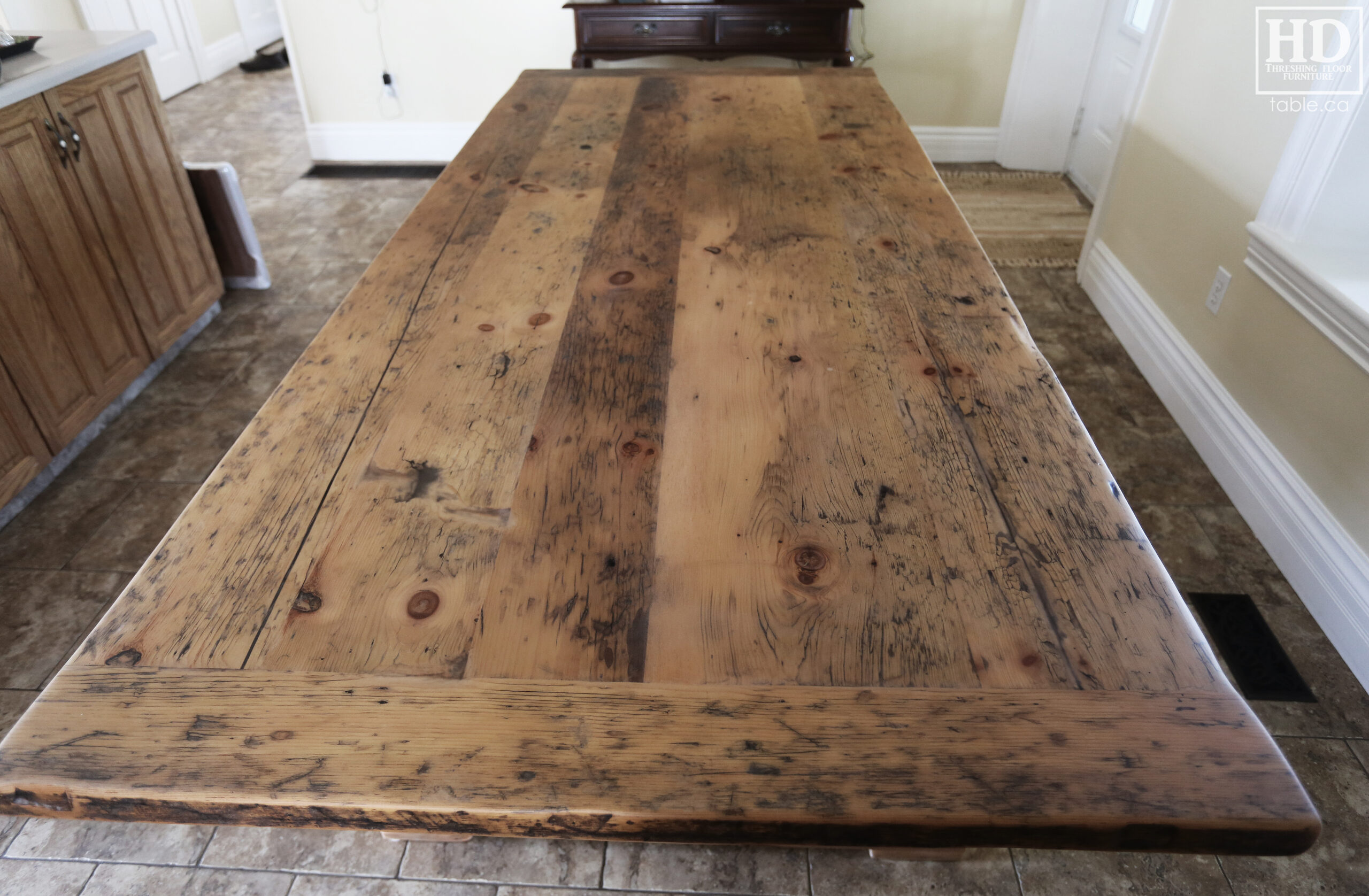 Reclaimed Wood Table with Greytone Treatment Option to Maintain the Colour of Unfinished by HD Threshing Floor Furniture / www.table.ca