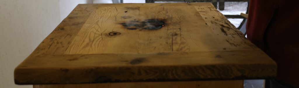 Burn Branding Reclaimed Wood Restaurant Tops by HD Threshing Floor Furniture / www.table.ca