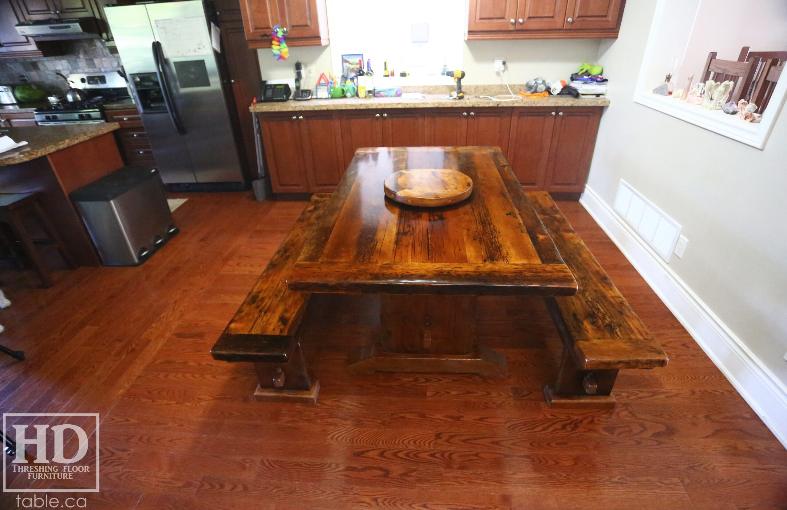 Rustic Table & Benches & Lazy Susan made from Ontario Pioneer Barns by HD Threshing Floor Furniture / www.table.ca