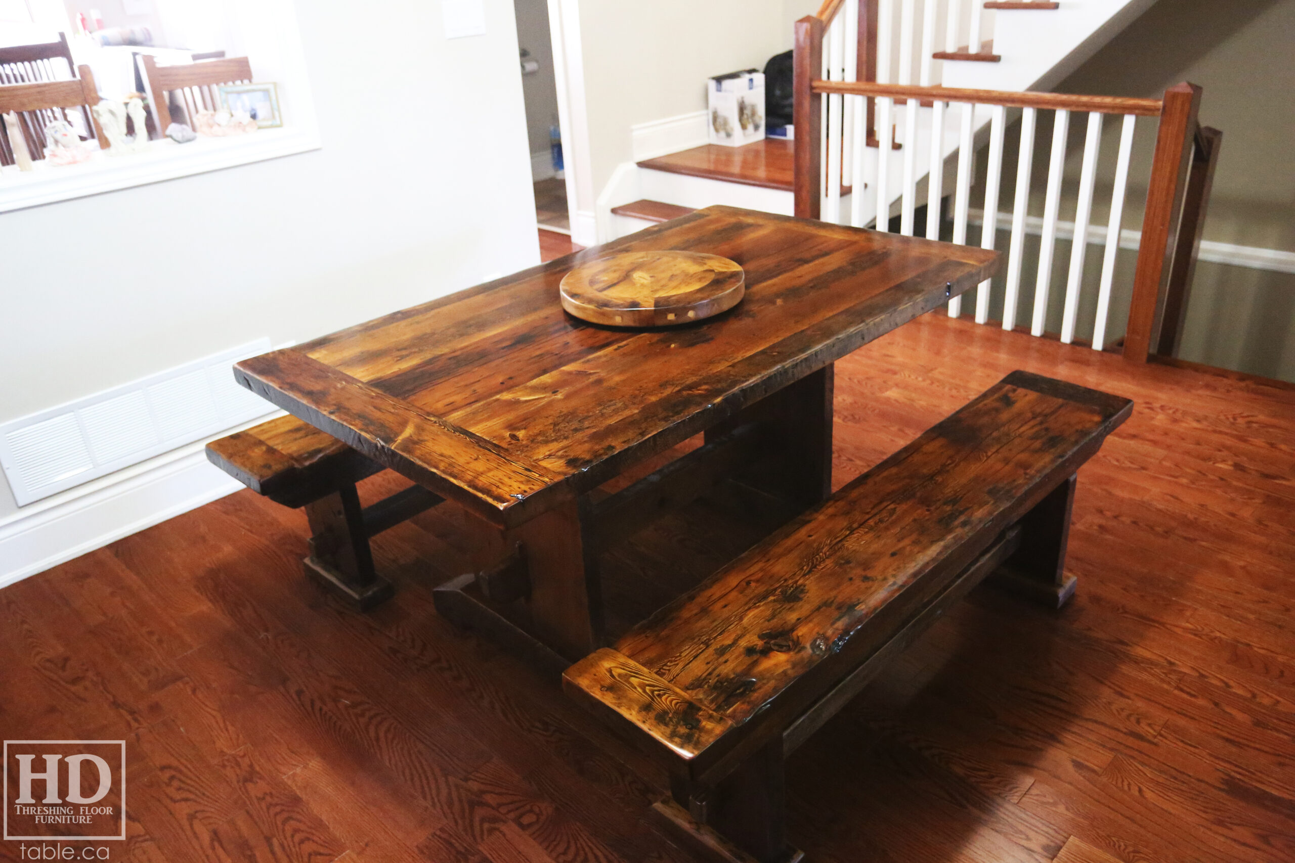 Rustic Table & Benches & Lazy Susan made from Ontario Pioneer Barns by HD Threshing Floor Furniture / www.table.ca