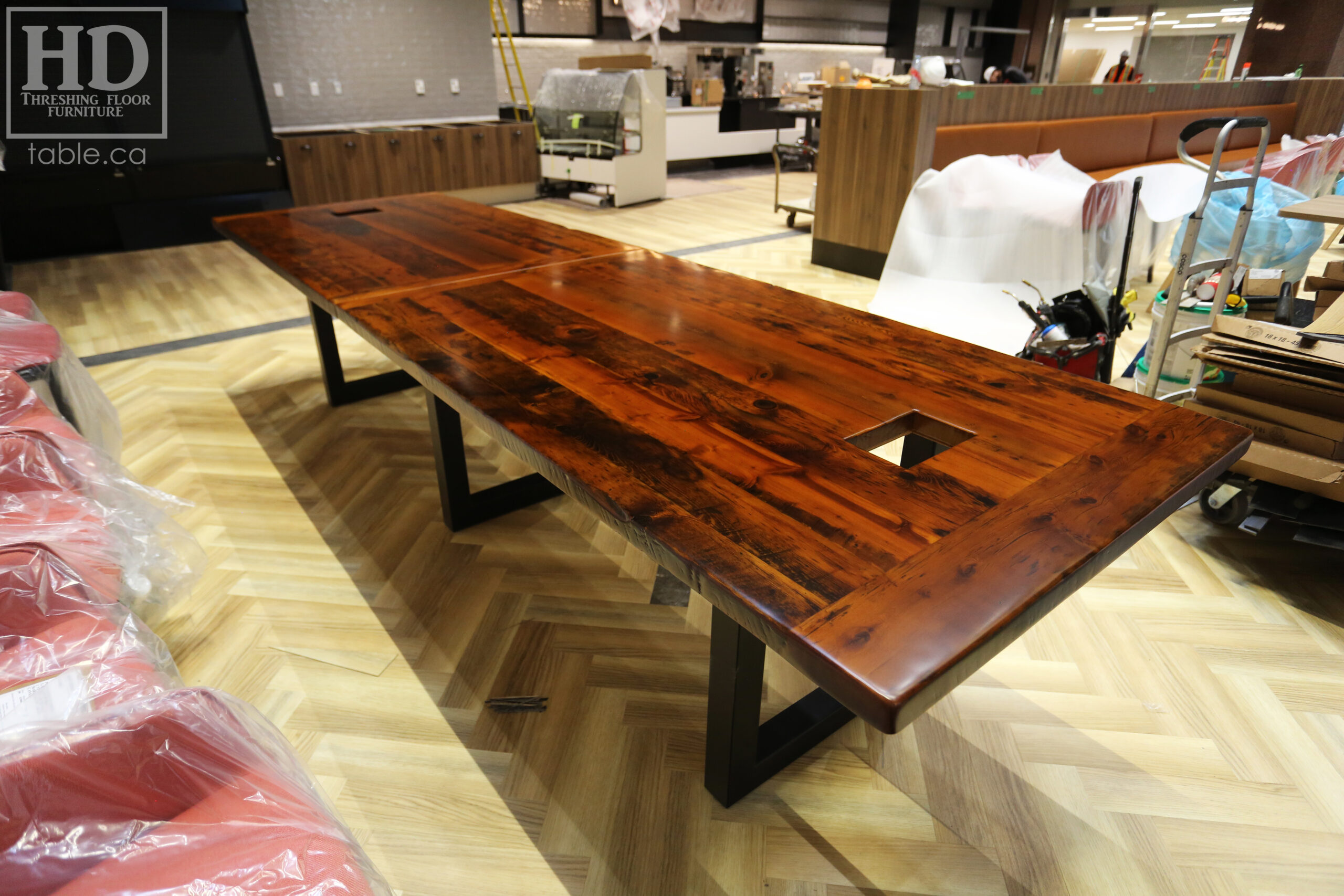 Boardroom Table with Metal Base made from Ontario Barnwood by HD Threshing Floor Furniture / www.table.ca