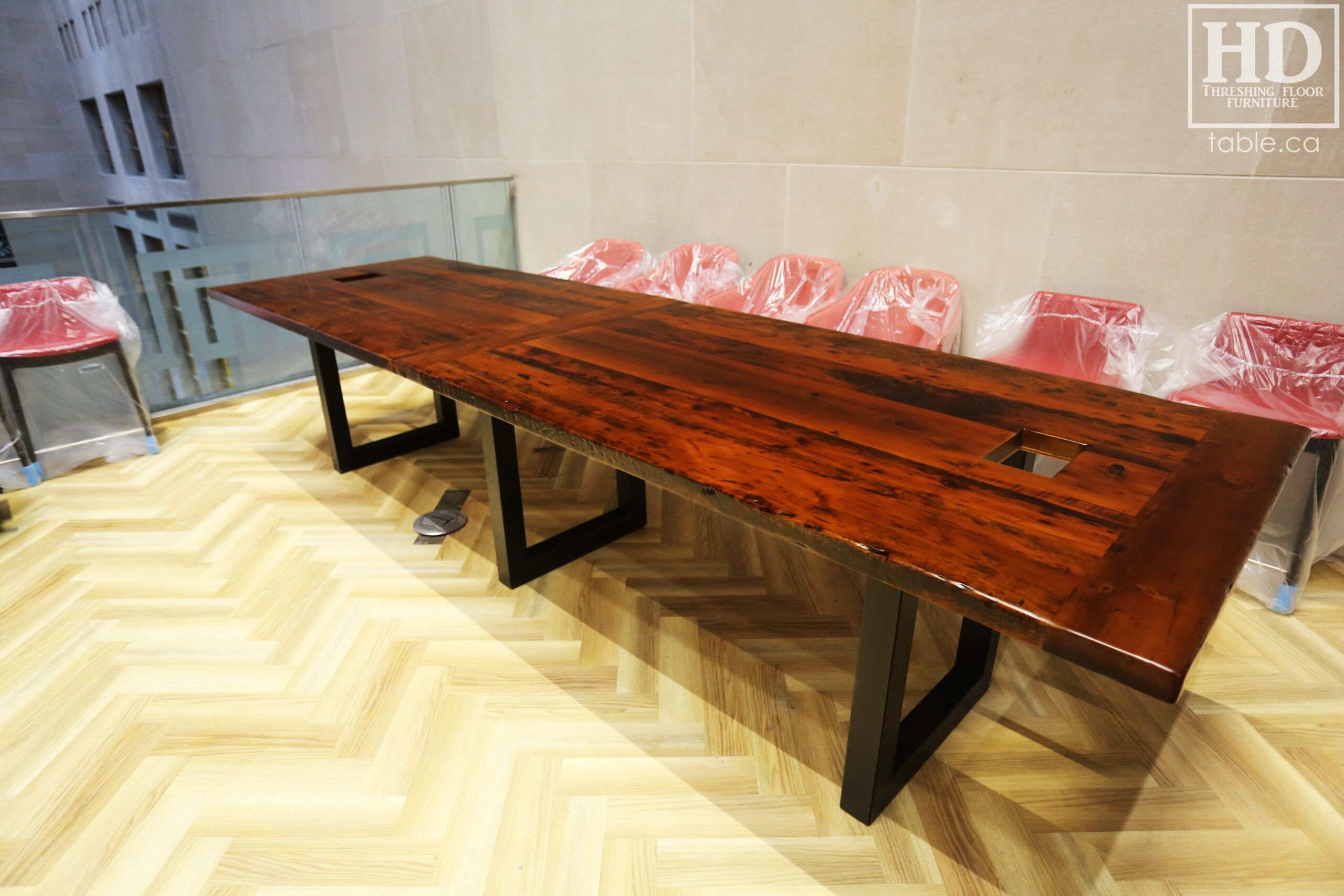 Boardroom Table with Metal Base made from Ontario Barnwood by HD Threshing Floor Furniture / www.table.ca