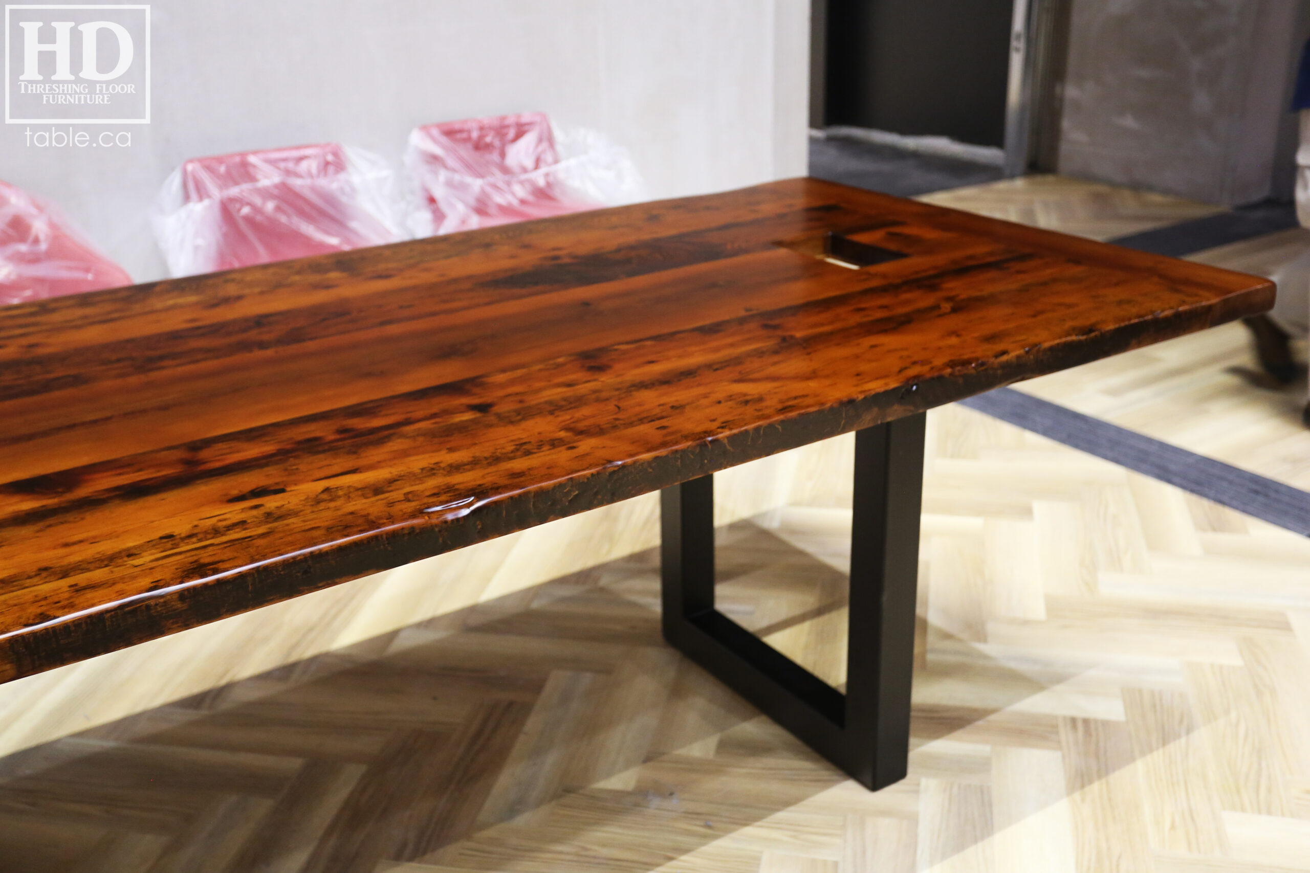 Boardroom Table with Metal Base made from Ontario Barnwood by HD Threshing Floor Furniture / www.table.ca