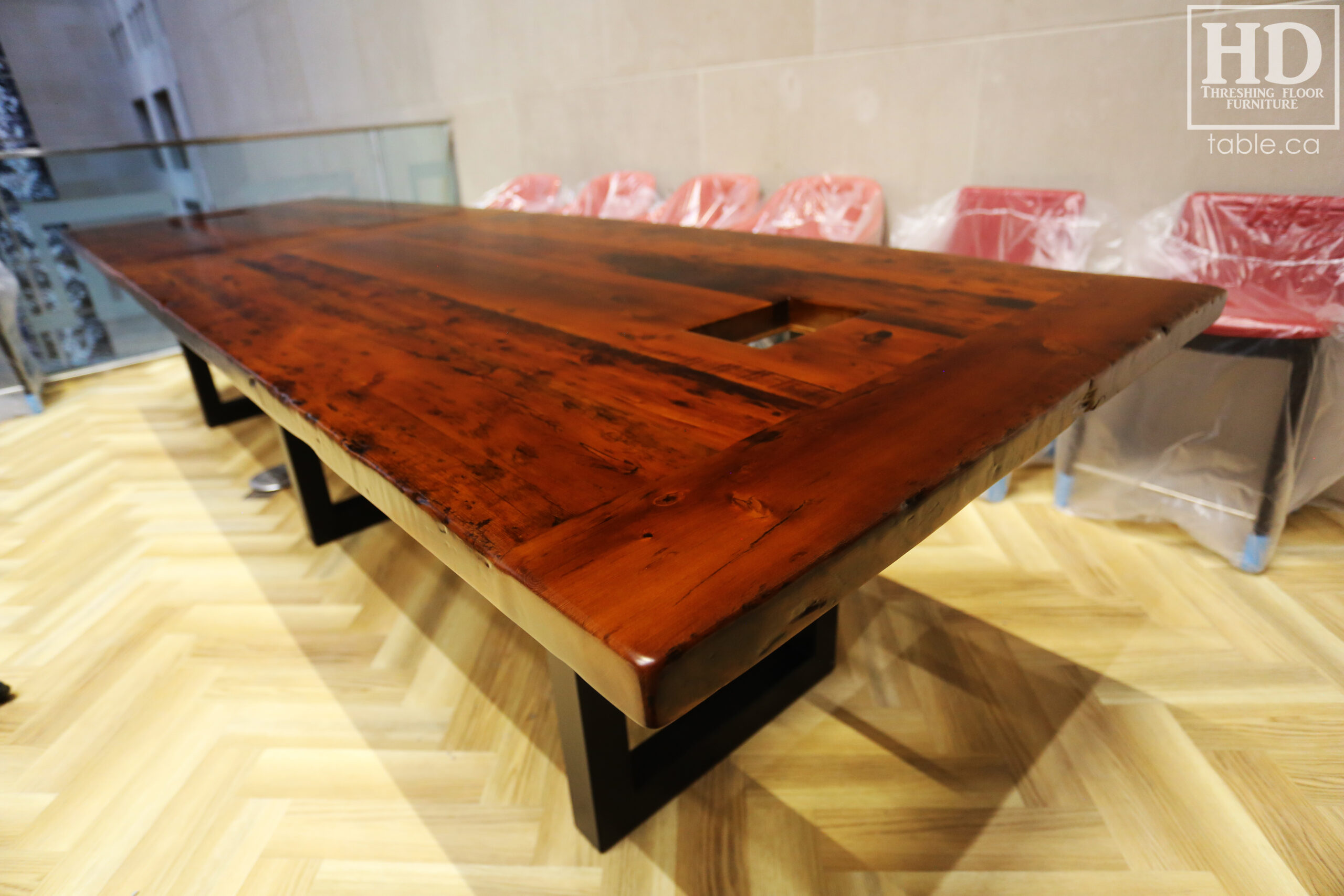 Boardroom Table with Metal Base made from Ontario Barnwood by HD Threshing Floor Furniture / www.table.ca