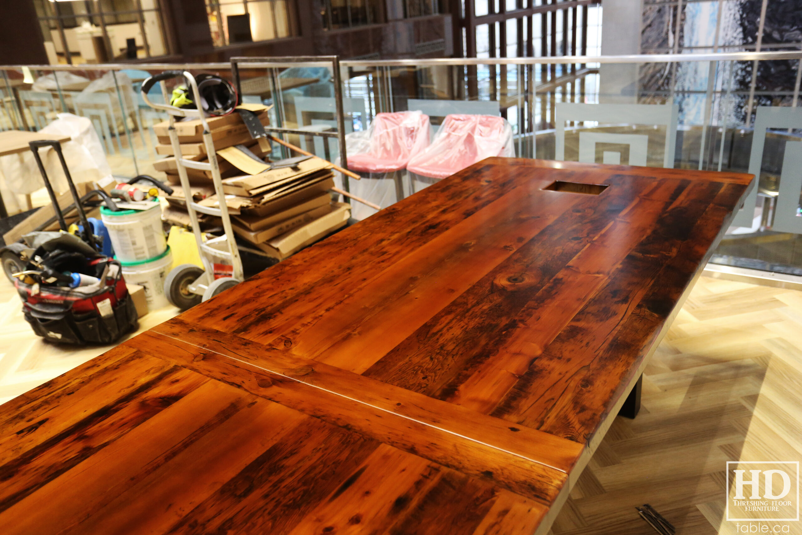 Boardroom Table with Metal Base made from Ontario Barnwood by HD Threshing Floor Furniture / www.table.ca