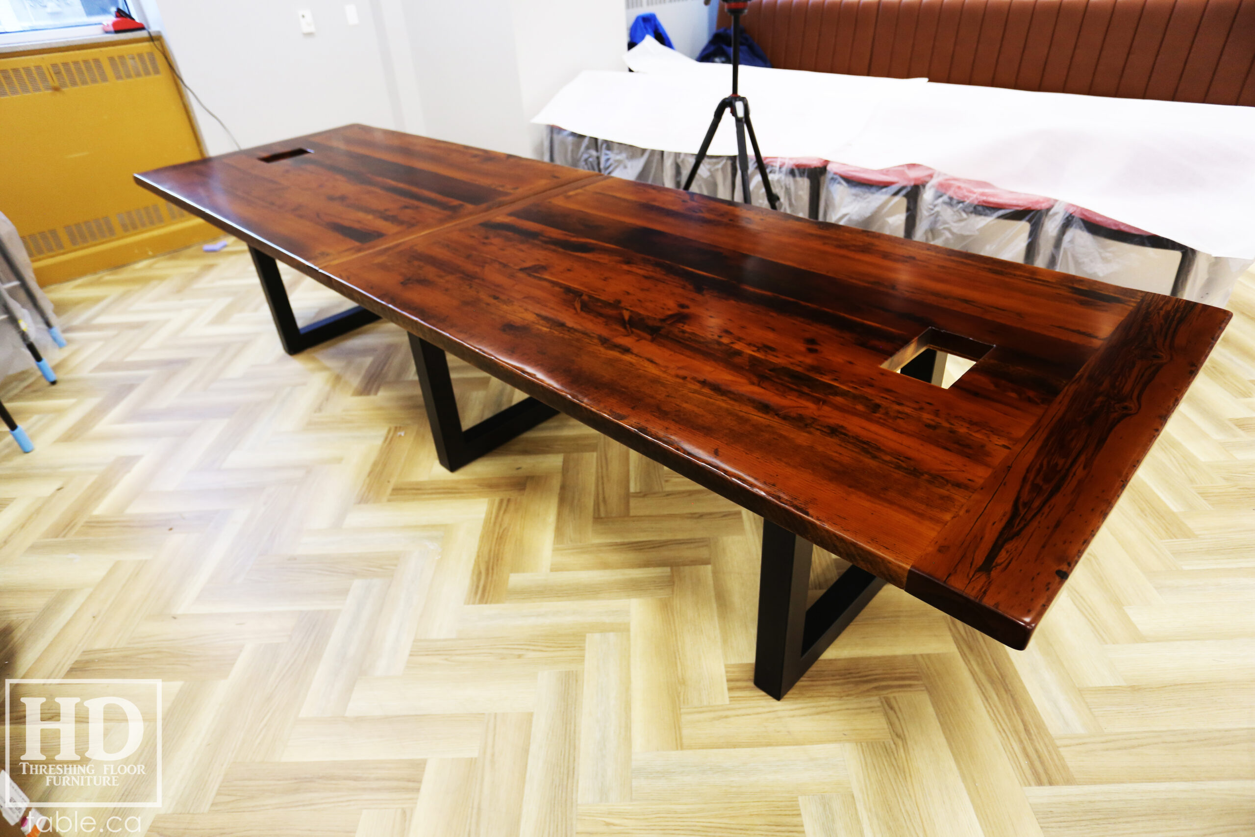 Boardroom Table with Metal Base made from Ontario Barnwood by HD Threshing Floor Furniture / www.table.ca