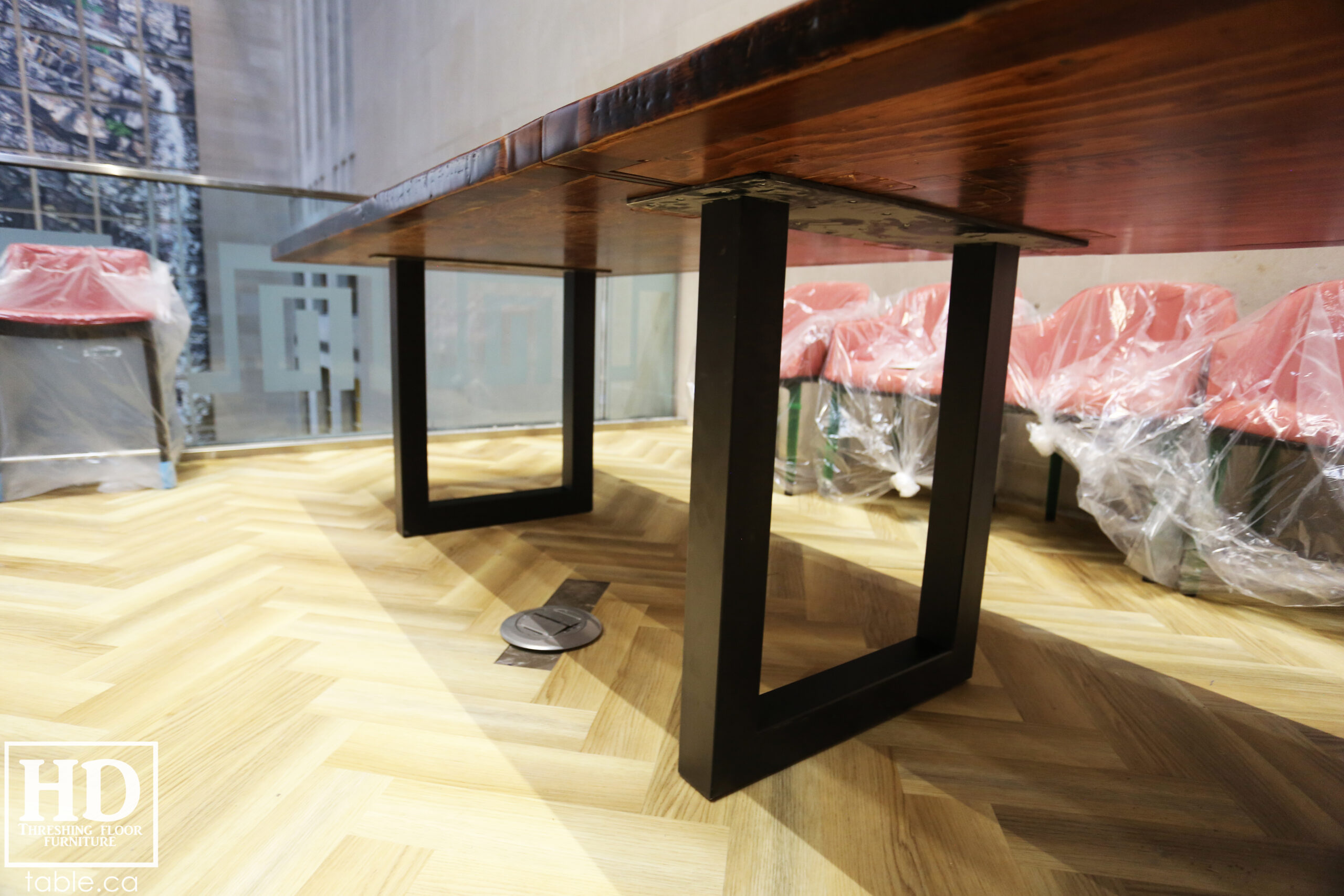 Boardroom Table with Metal Base made from Ontario Barnwood by HD Threshing Floor Furniture / www.table.ca