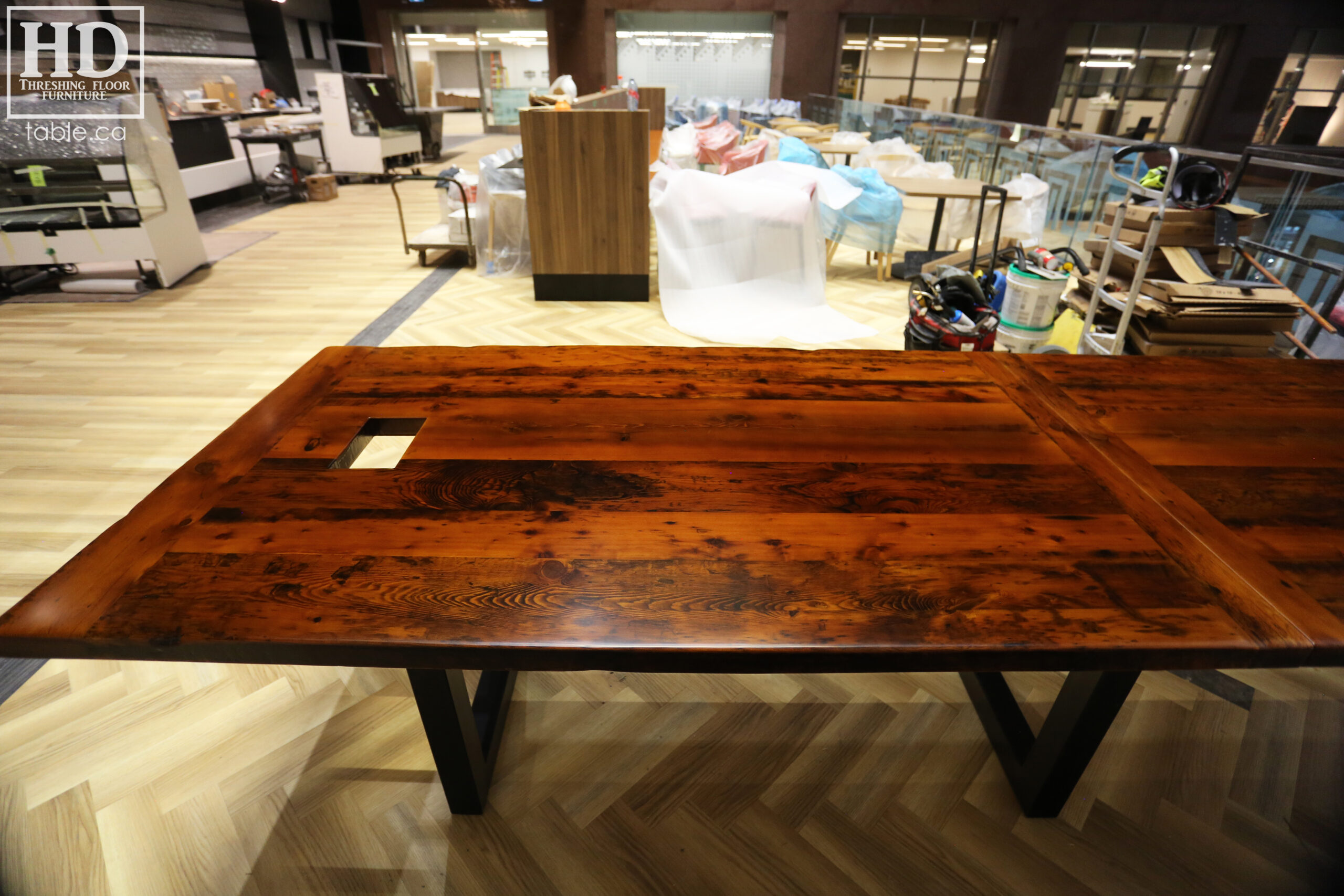 Boardroom Table with Metal Base made from Ontario Barnwood by HD Threshing Floor Furniture / www.table.ca