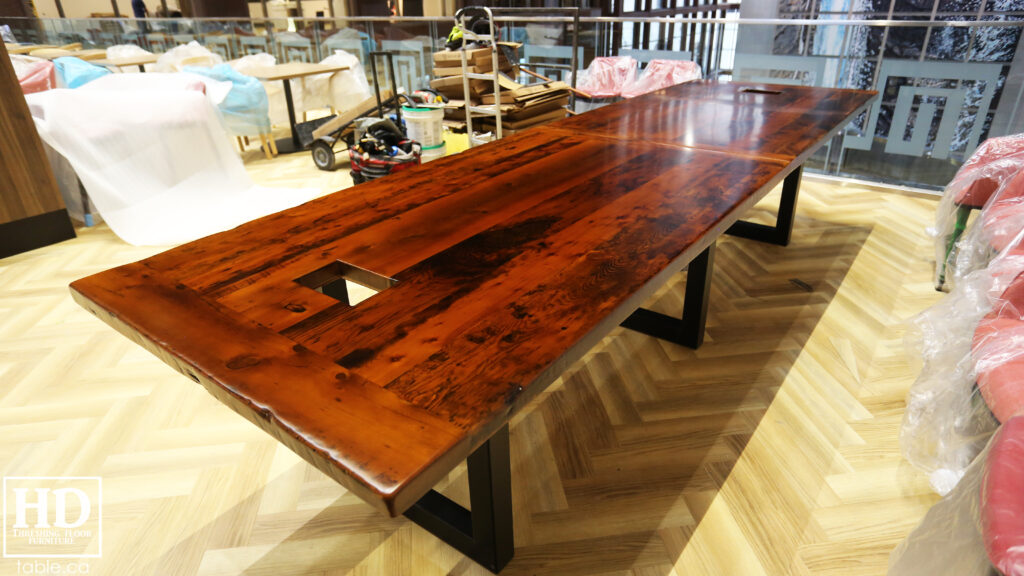 Boardroom Table with Metal Base made from Ontario Barnwood by HD Threshing Floor Furniture / www.table.ca