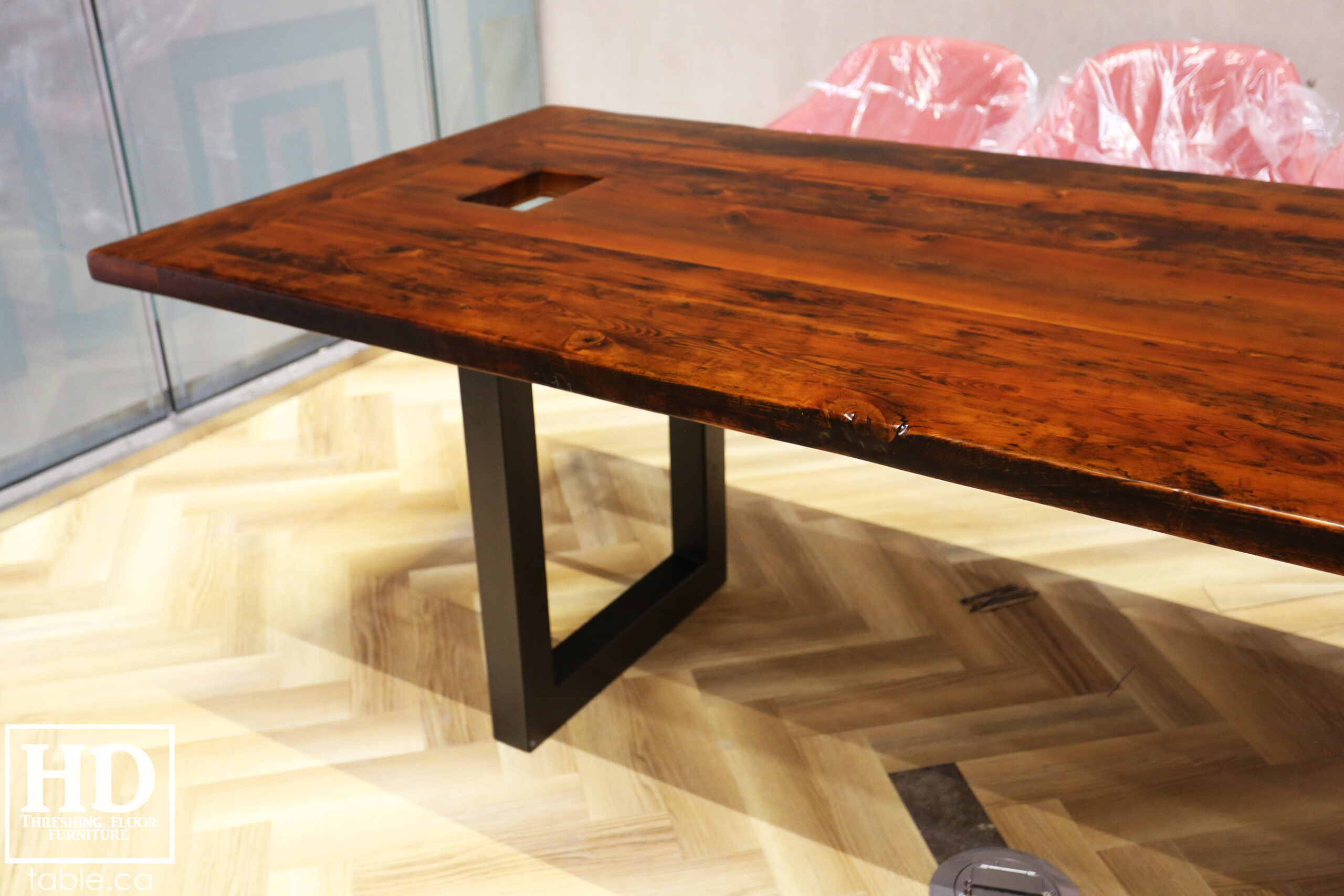 Boardroom Table with Metal Base made from Ontario Barnwood by HD Threshing Floor Furniture / www.table.ca