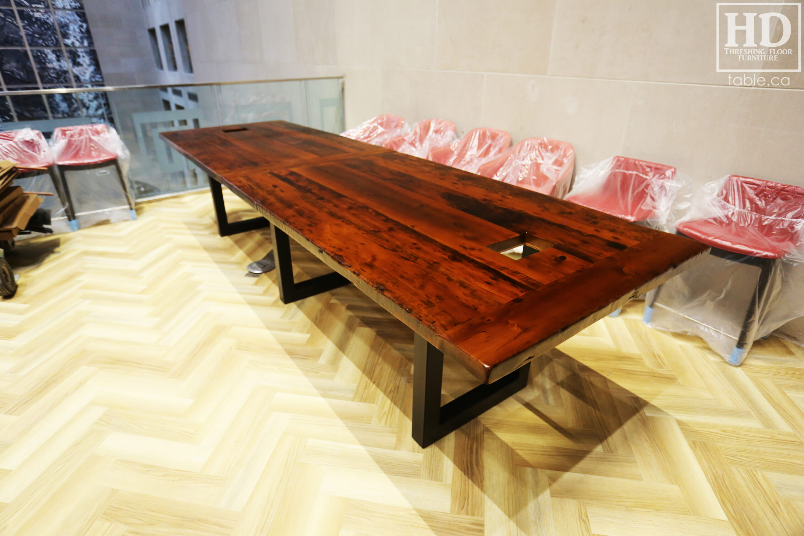 Boardroom Table with Metal Base made from Ontario Barnwood by HD Threshing Floor Furniture / www.table.ca