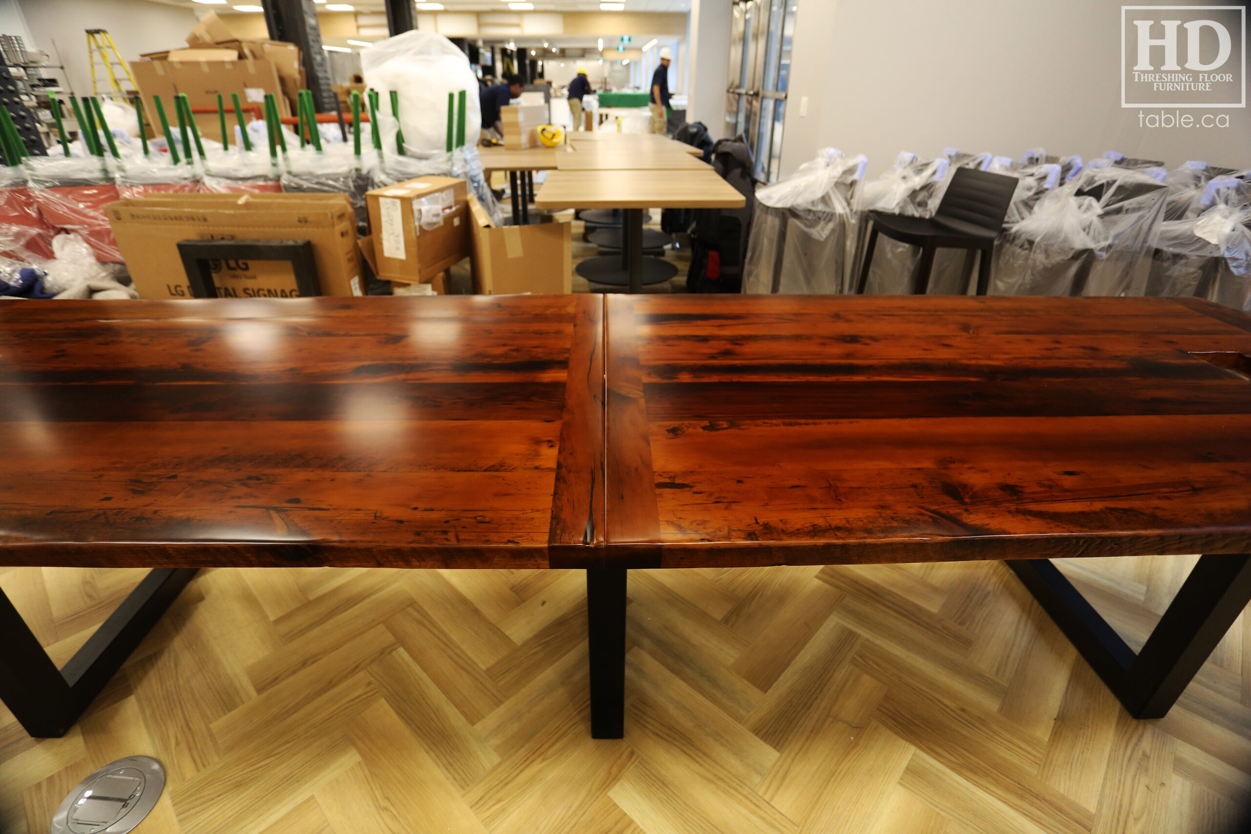 Boardroom Table with Metal Base made from Ontario Barnwood by HD Threshing Floor Furniture / www.table.ca