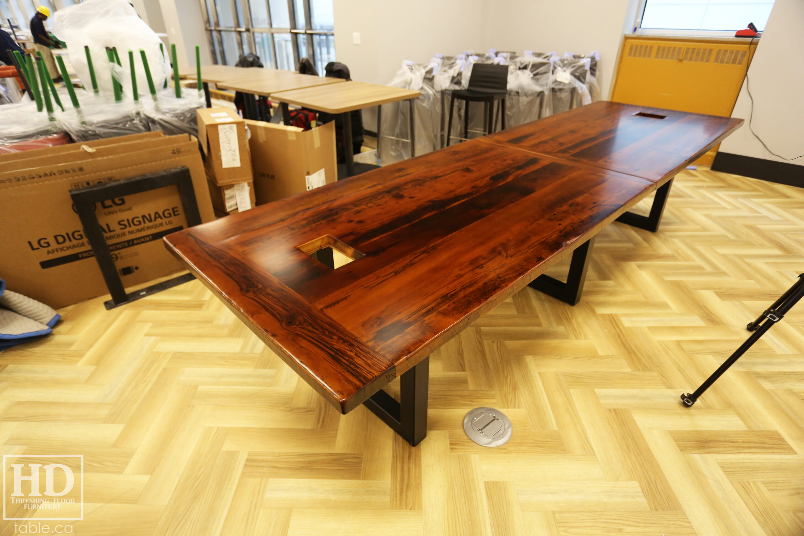 Boardroom Table with Metal Base made from Ontario Barnwood by HD Threshing Floor Furniture / www.table.ca