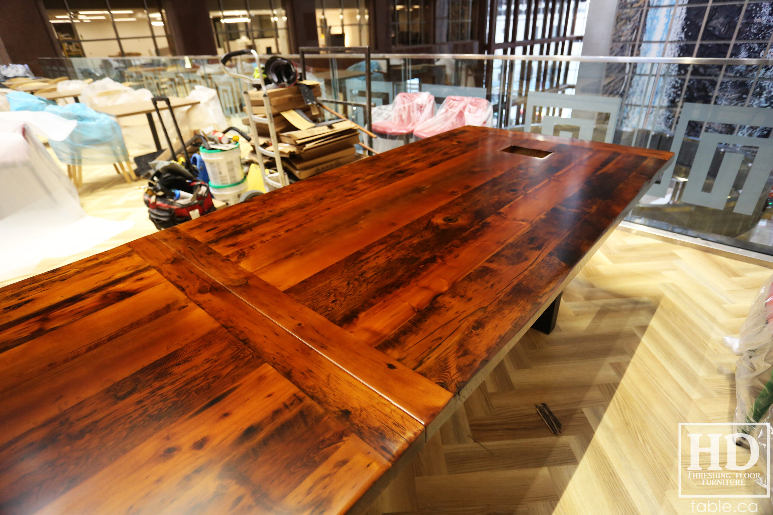 Boardroom Table with Metal Base made from Ontario Barnwood by HD Threshing Floor Furniture / www.table.ca